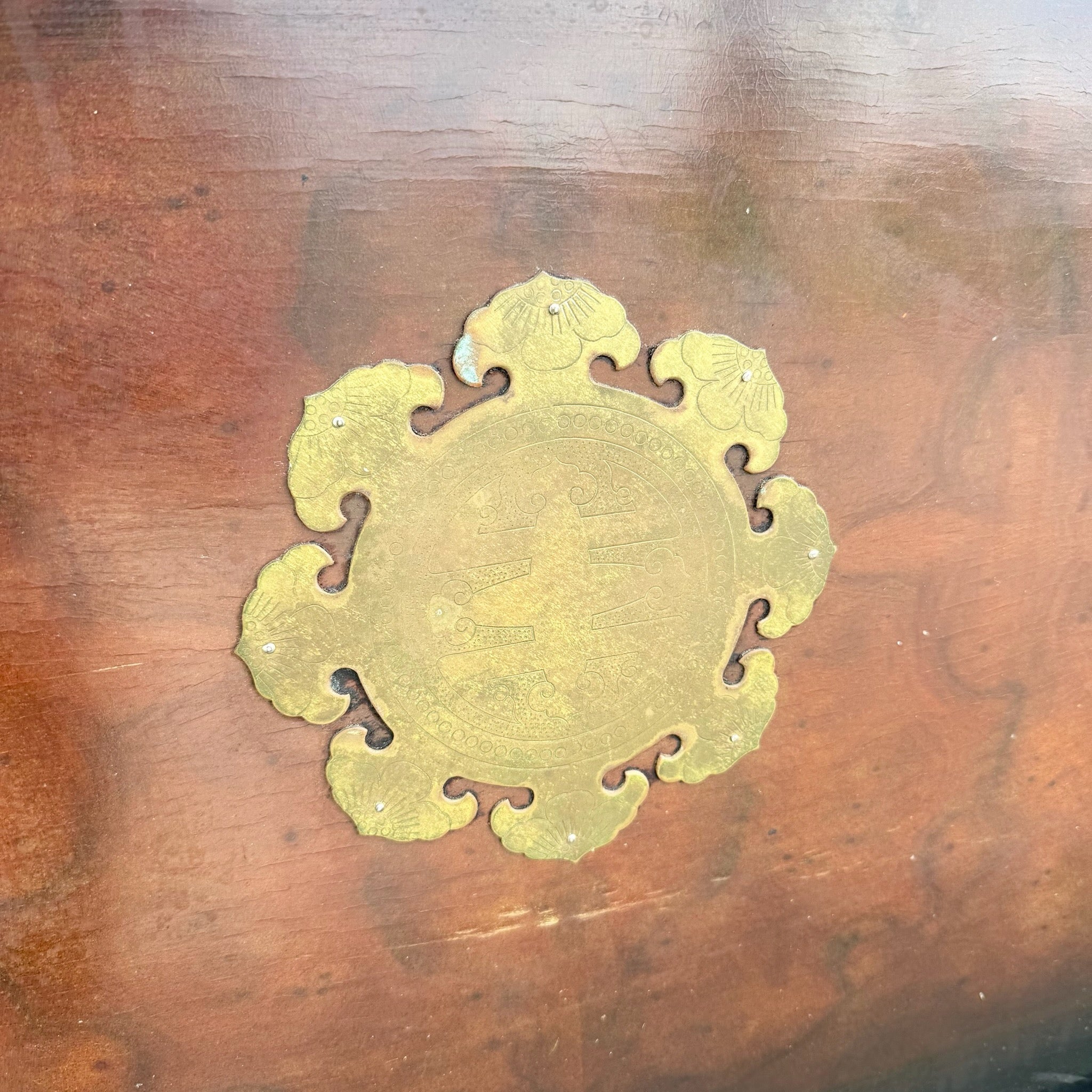 Vintage Chinese Burlwood and Brass King Headboard Dolphin & Flamingo