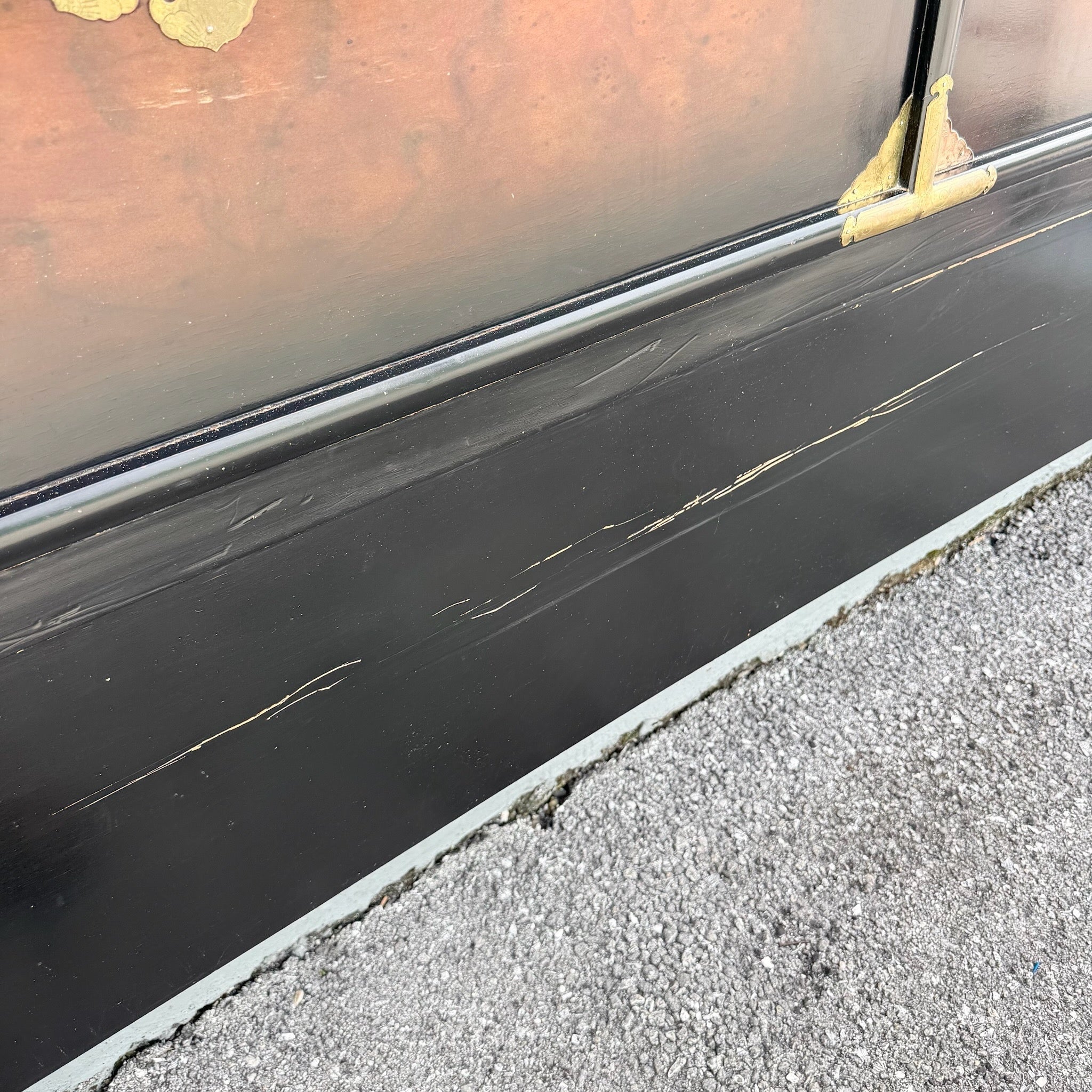 Vintage Chinese Burlwood and Brass King Headboard Dolphin & Flamingo