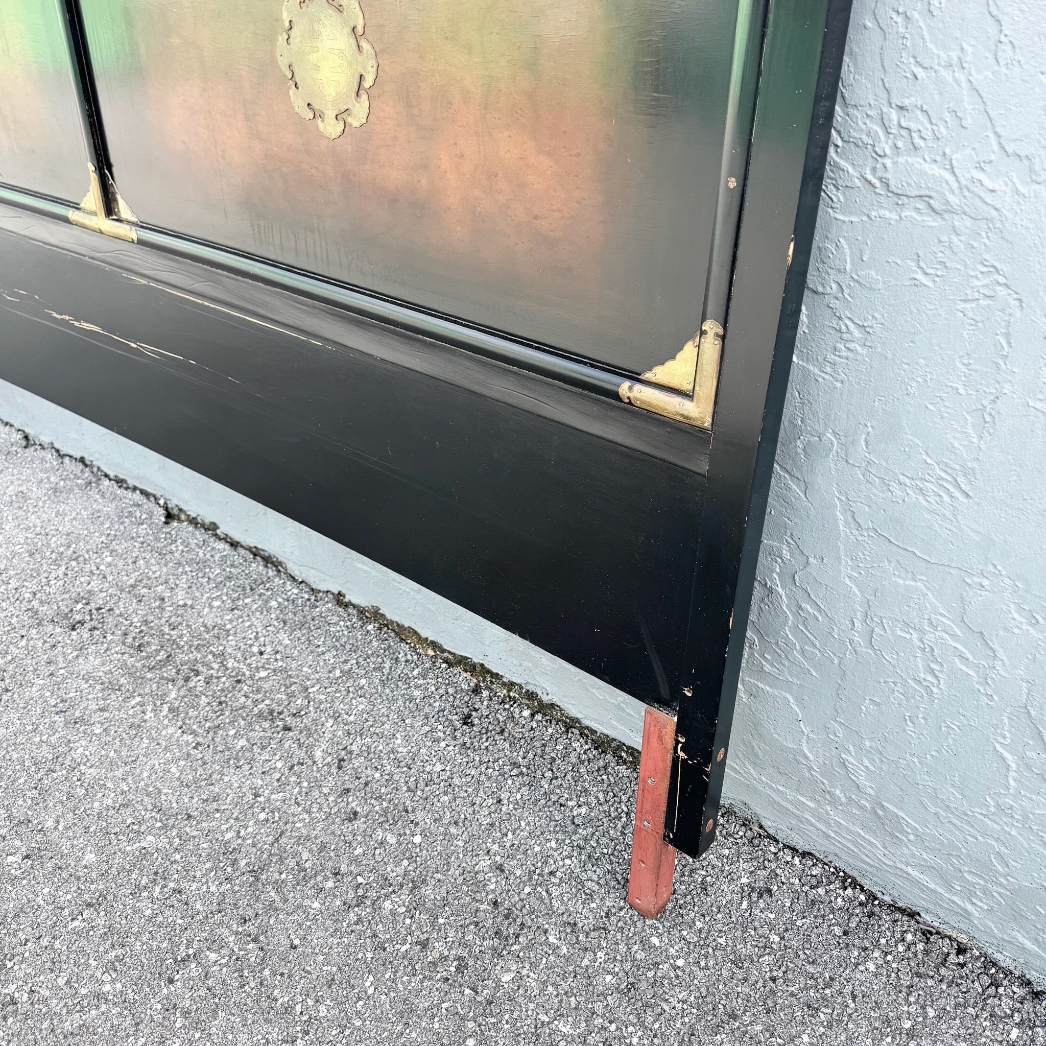 Vintage Chinese Burlwood and Brass King Headboard Dolphin & Flamingo