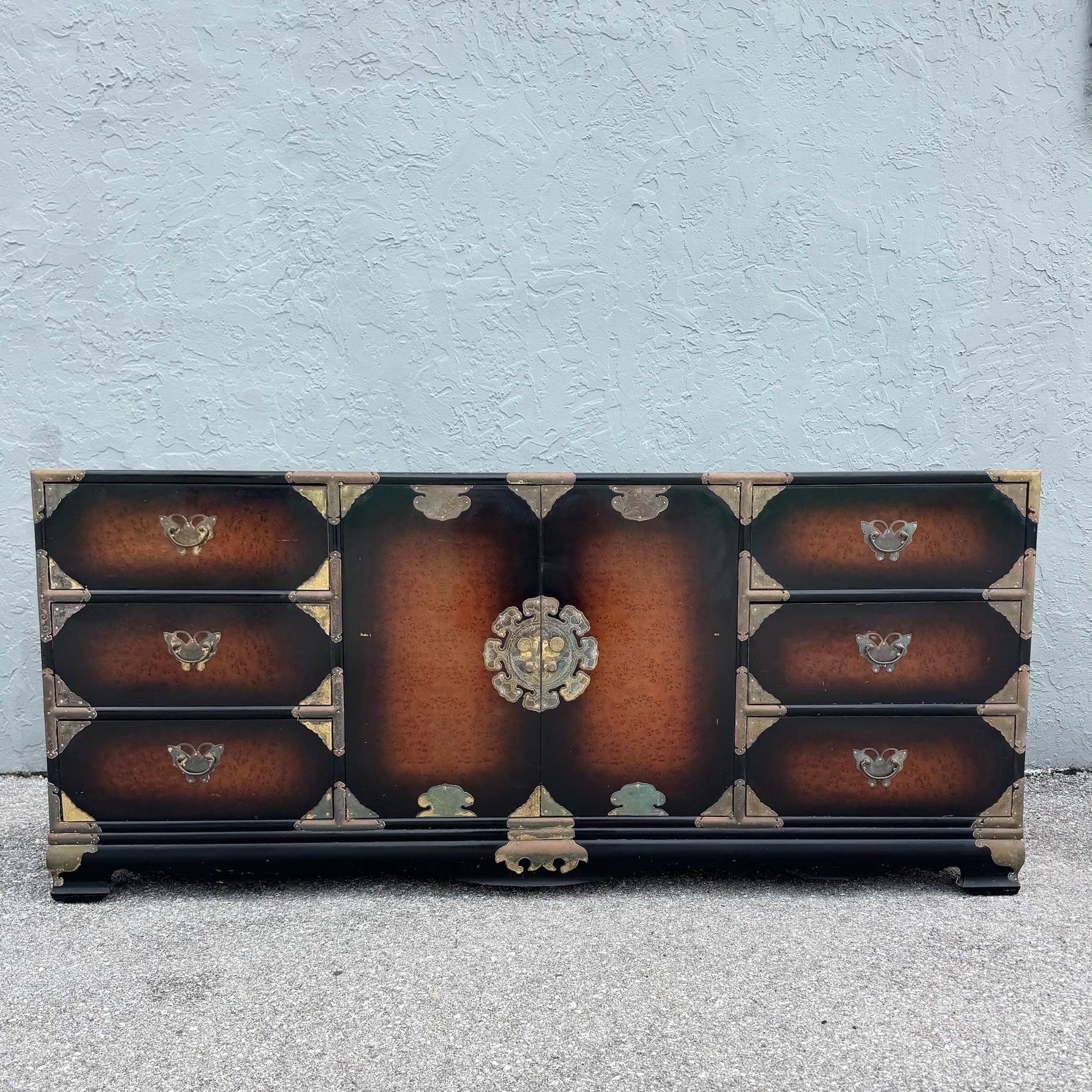 Vintage Chinese Burlwood and Brass Dresser Dolphin & Flamingo