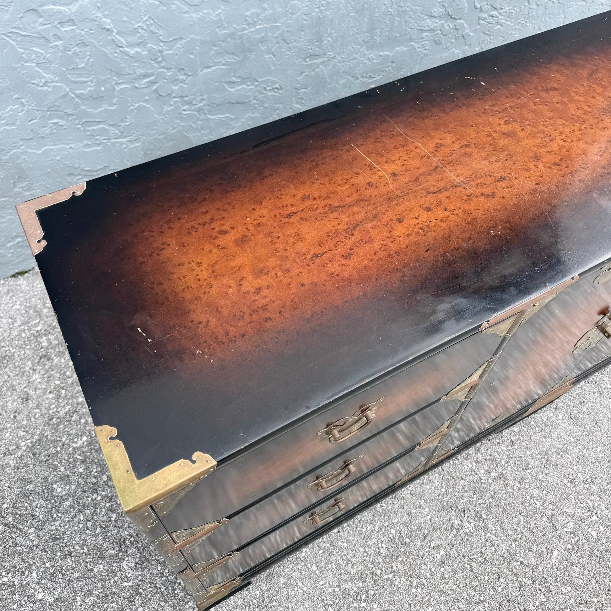 Vintage Chinese Burlwood and Brass Dresser Dolphin & Flamingo