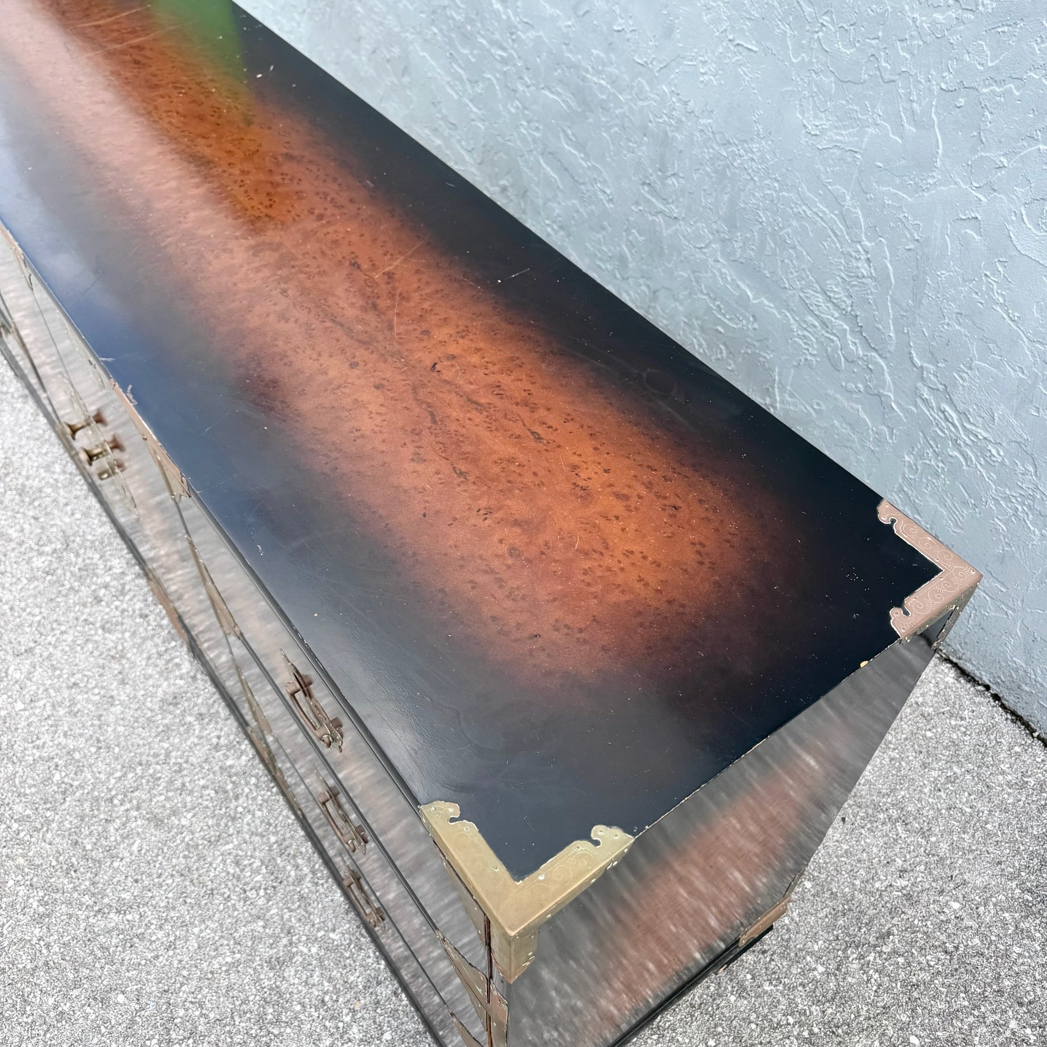 Vintage Chinese Burlwood and Brass Dresser Dolphin & Flamingo