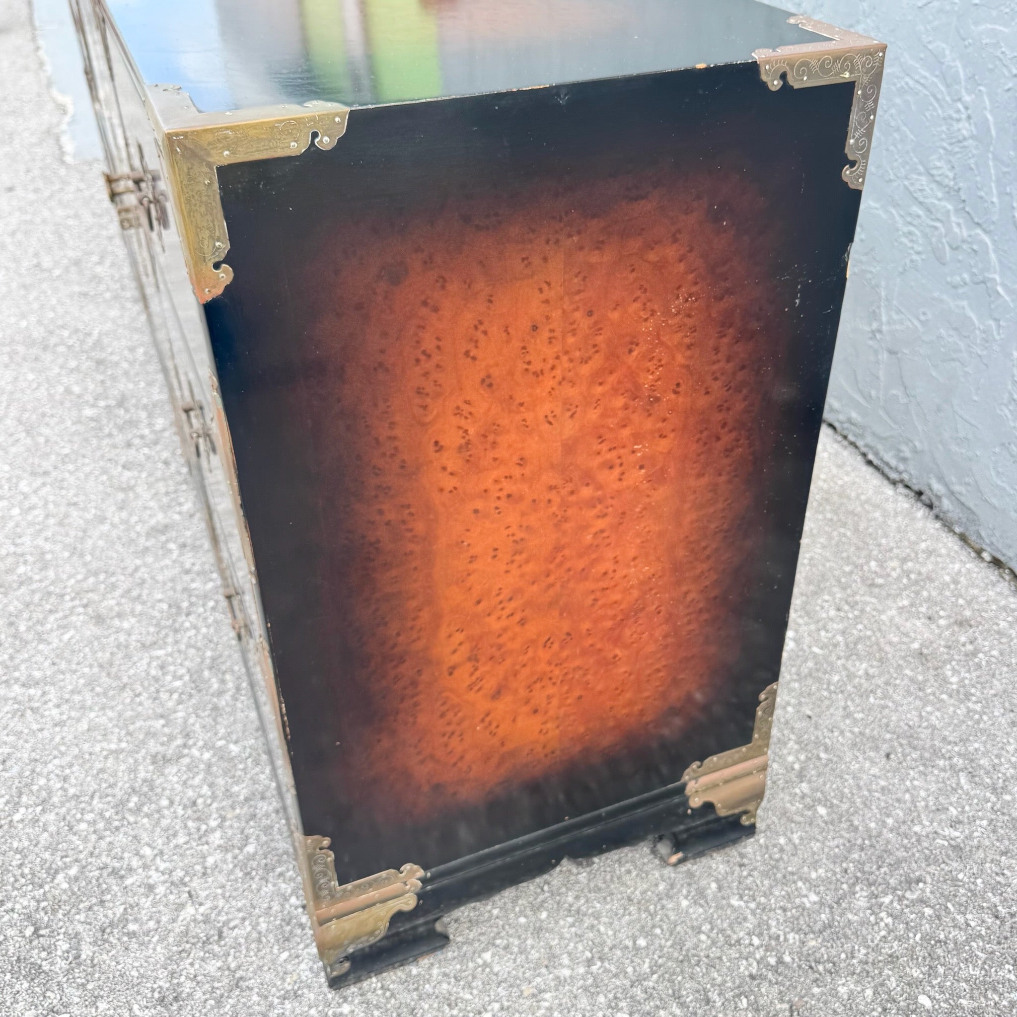 Vintage Chinese Burlwood and Brass Dresser Dolphin & Flamingo