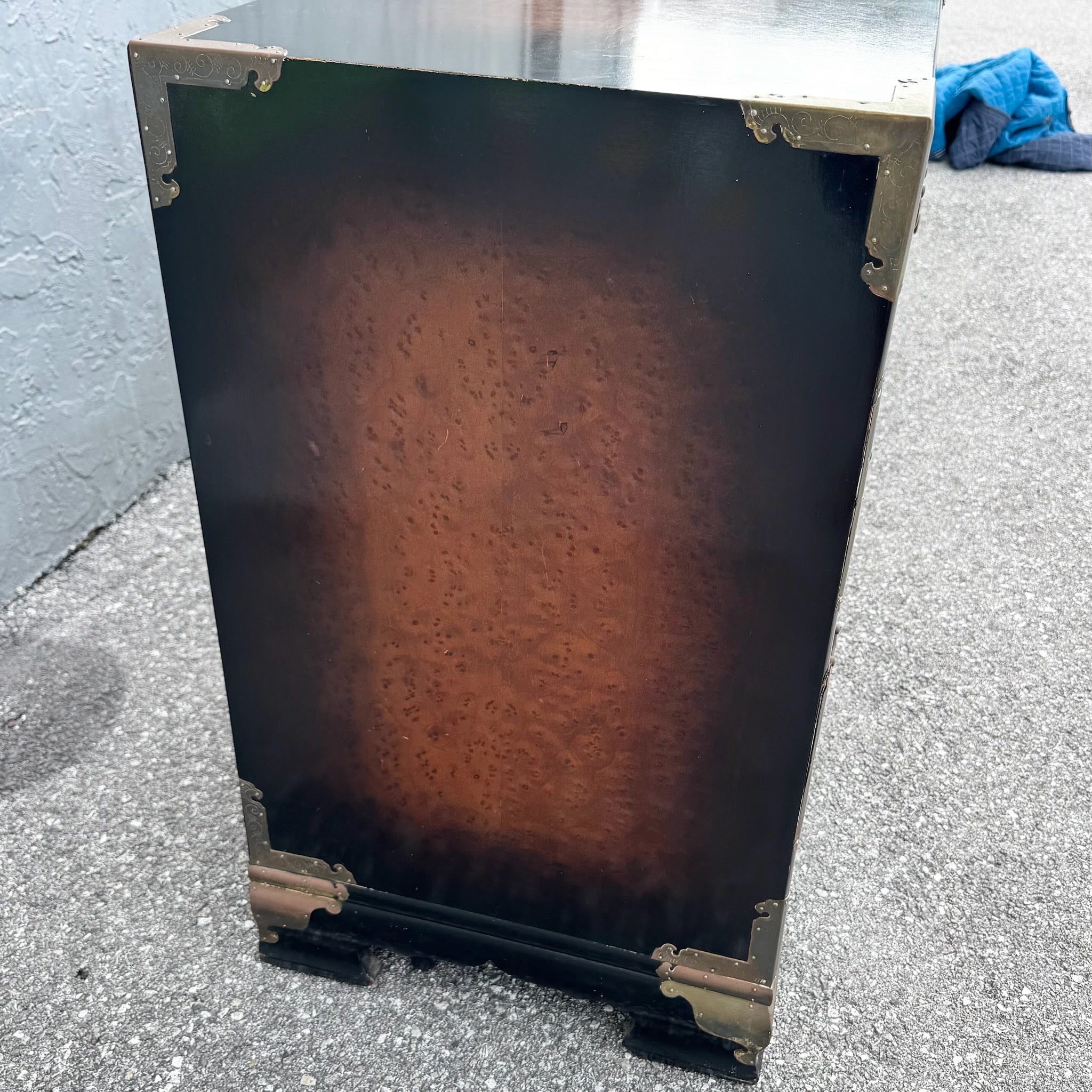 Vintage Chinese Burlwood and Brass Dresser Dolphin & Flamingo