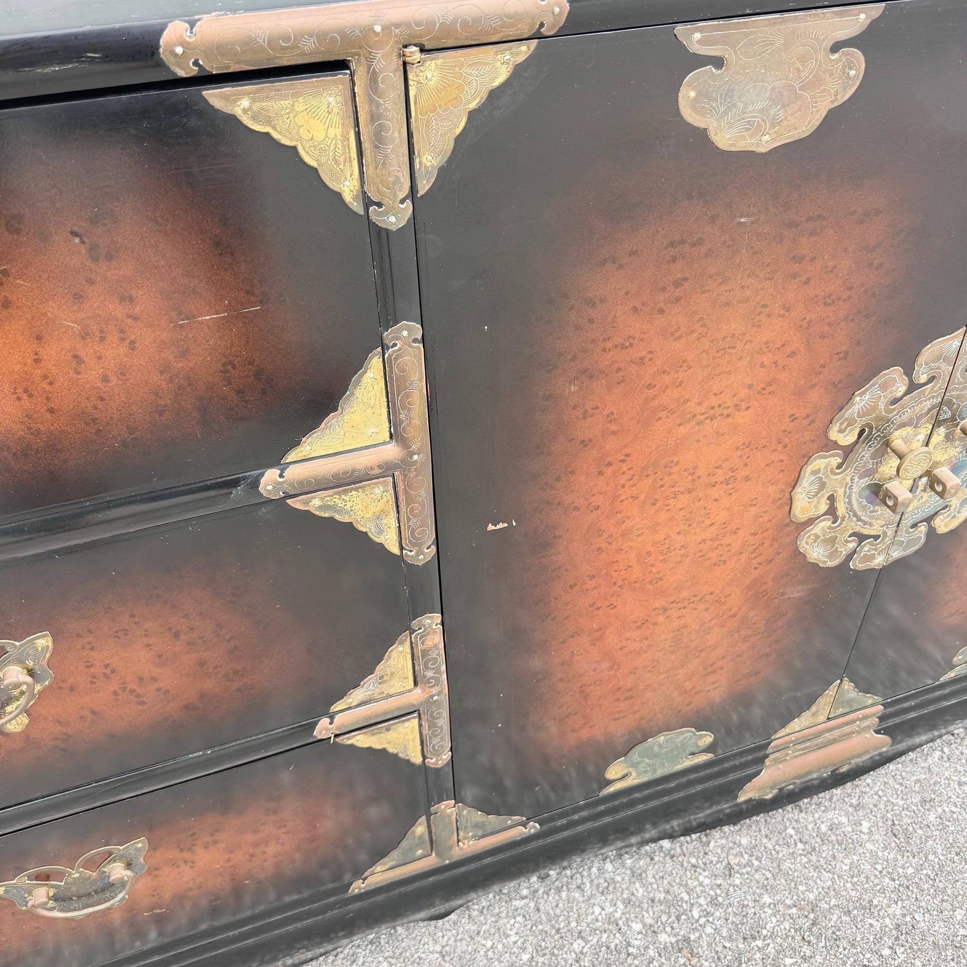 Vintage Chinese Burlwood and Brass Dresser Dolphin & Flamingo