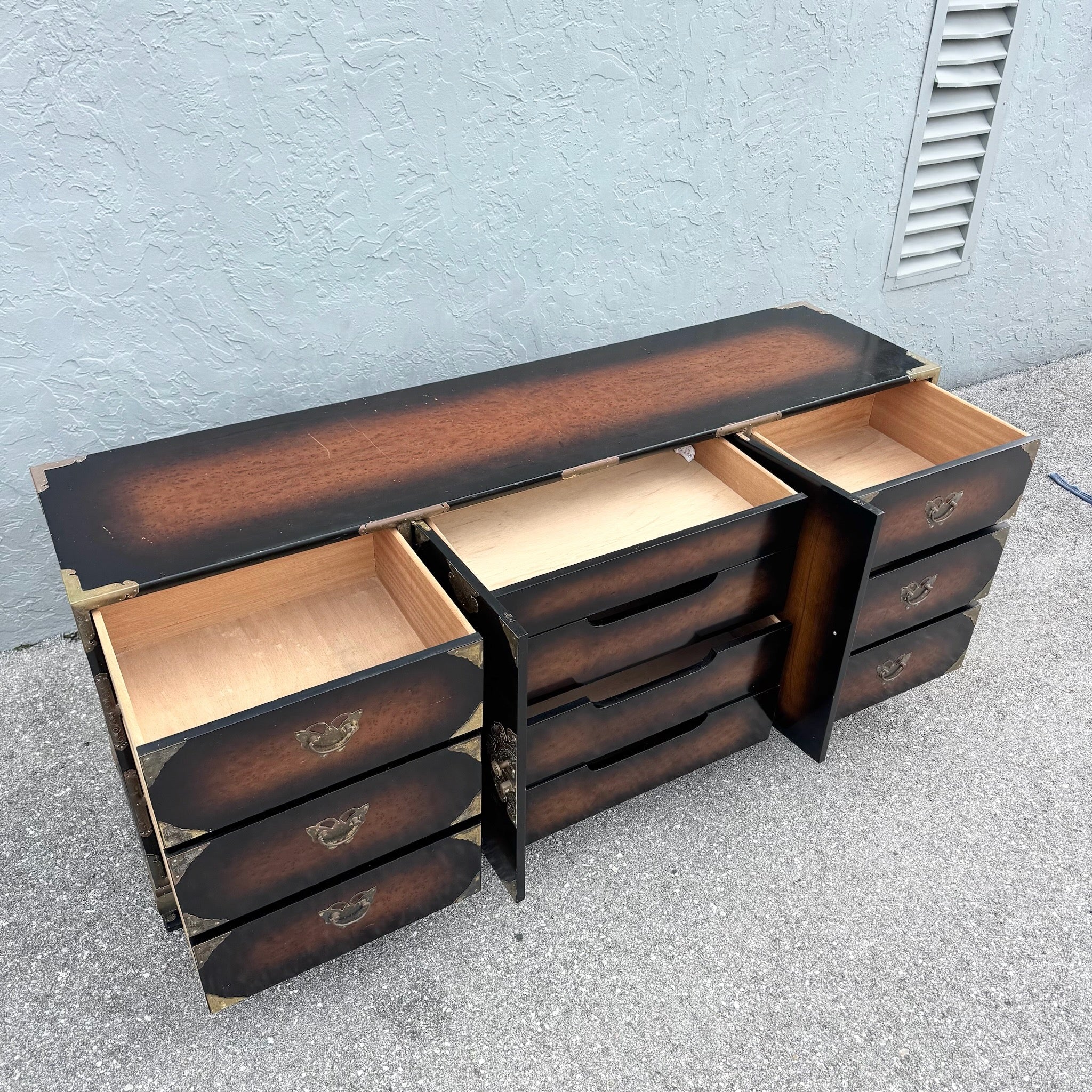 Vintage Chinese Burlwood and Brass Dresser Dolphin & Flamingo