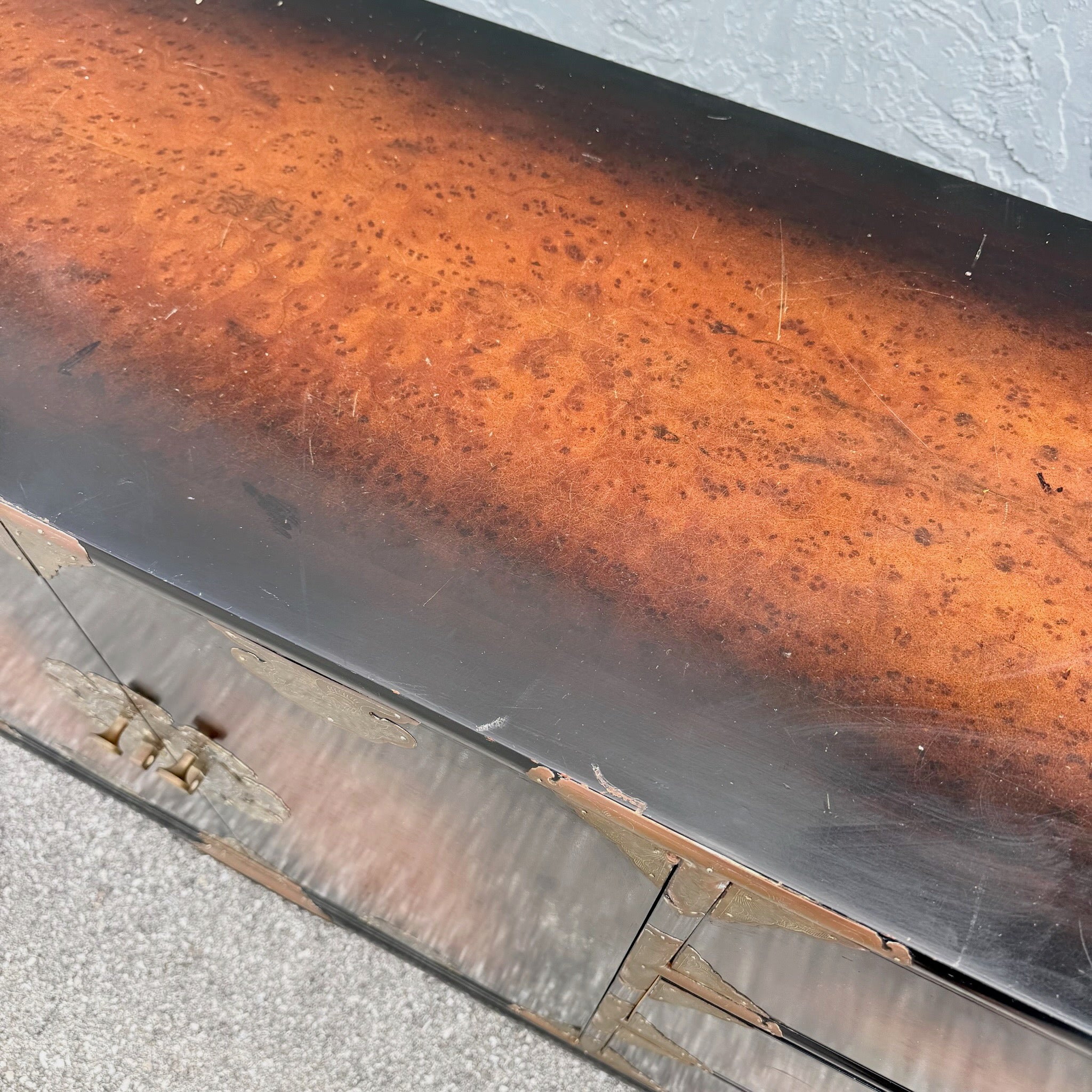 Vintage Chinese Burlwood and Brass Dresser Dolphin & Flamingo