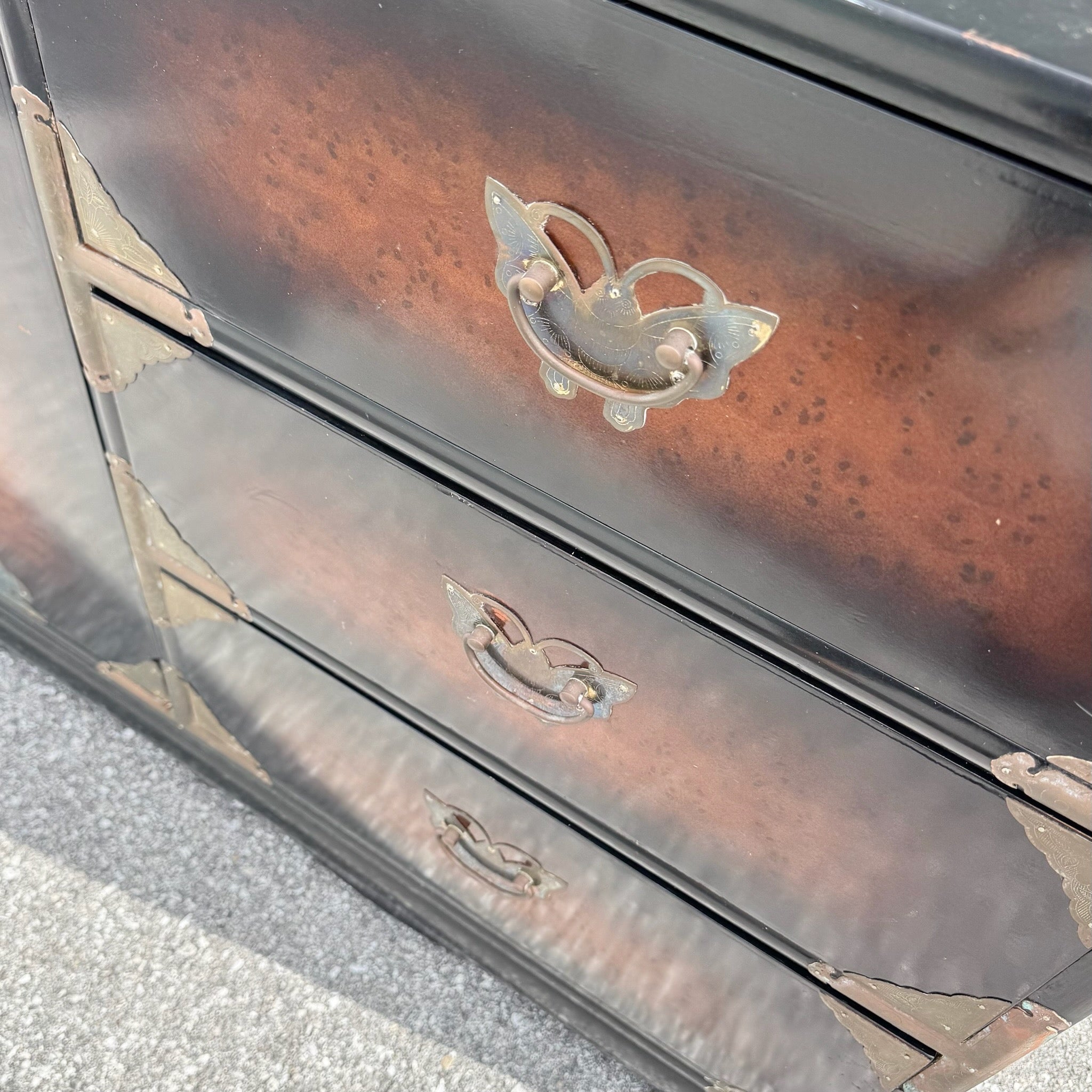 Vintage Chinese Burlwood and Brass Dresser Dolphin & Flamingo