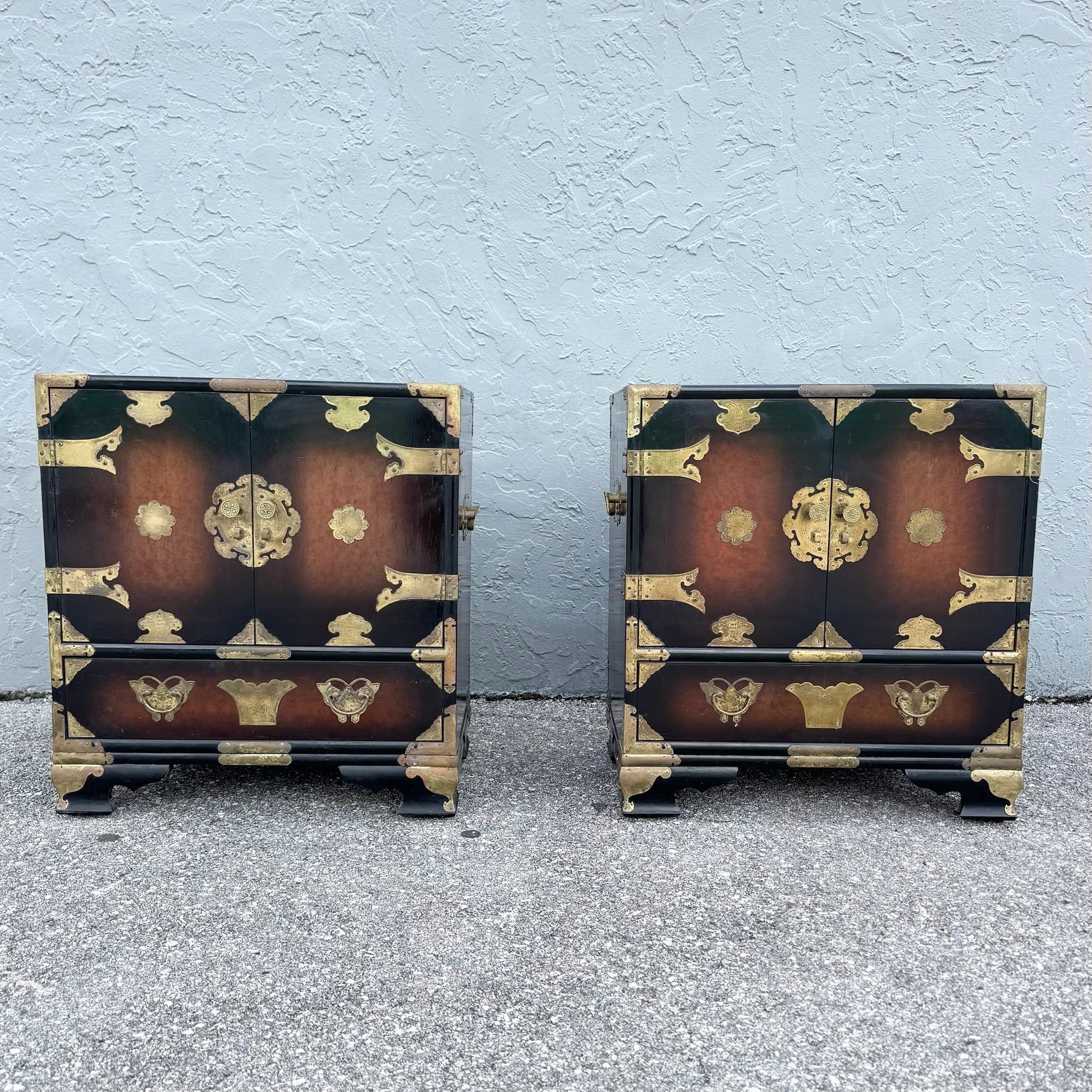 Vintage Chinese Burlwood and Brass Nightstands - A Pair Dolphin & Flamingo