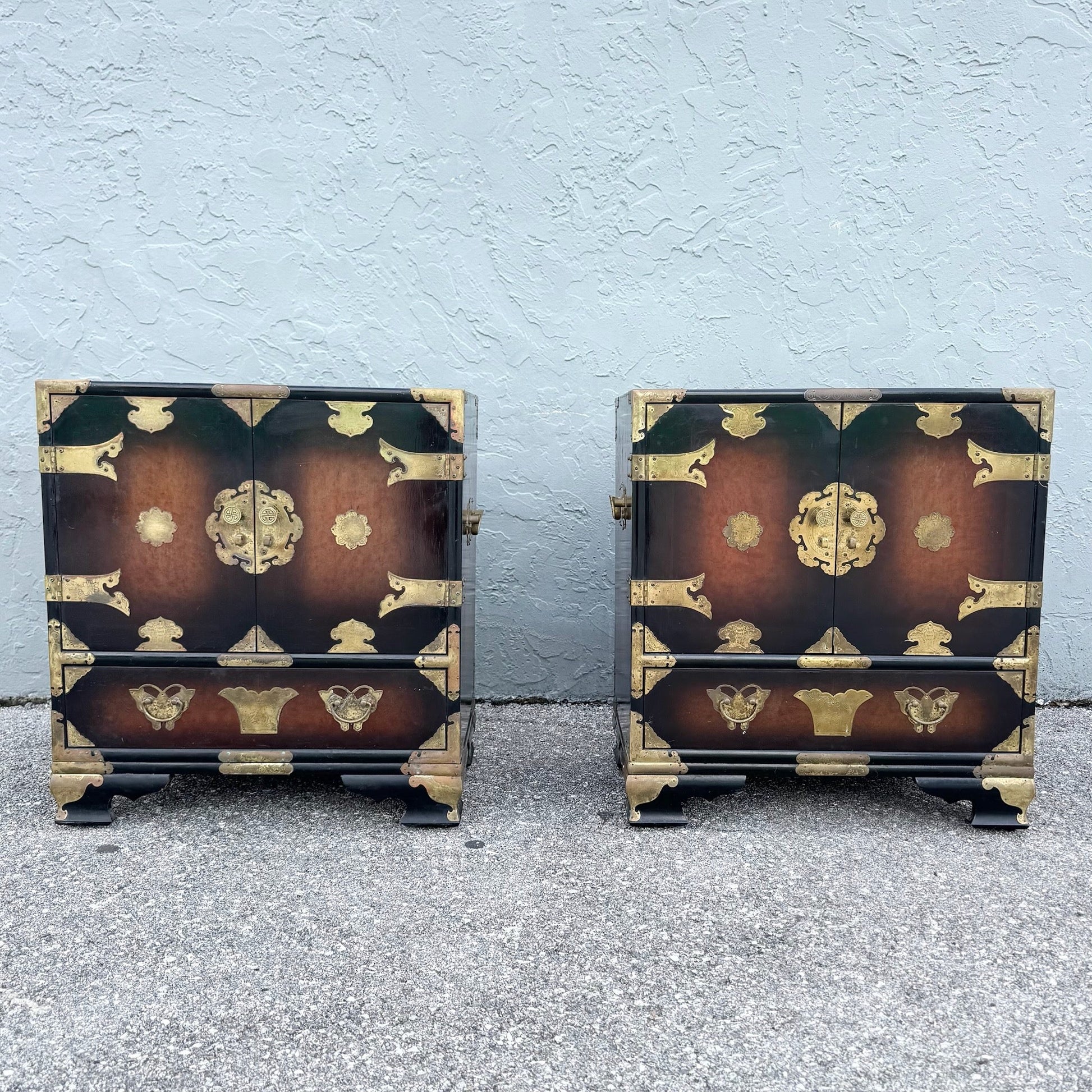 Vintage Chinese Burlwood and Brass Nightstands - A Pair Dolphin & Flamingo
