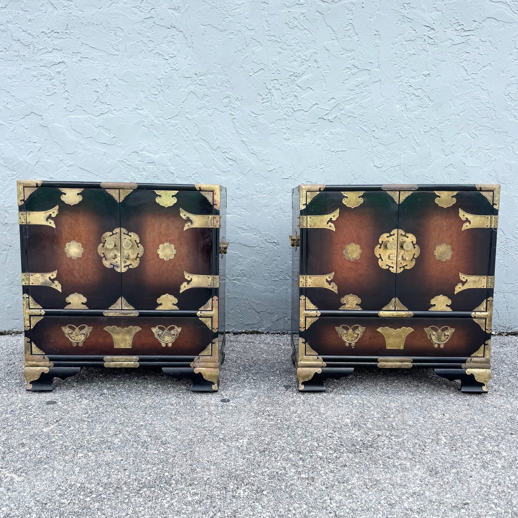 Vintage Chinese Burlwood and Brass Nightstands - A Pair Dolphin & Flamingo