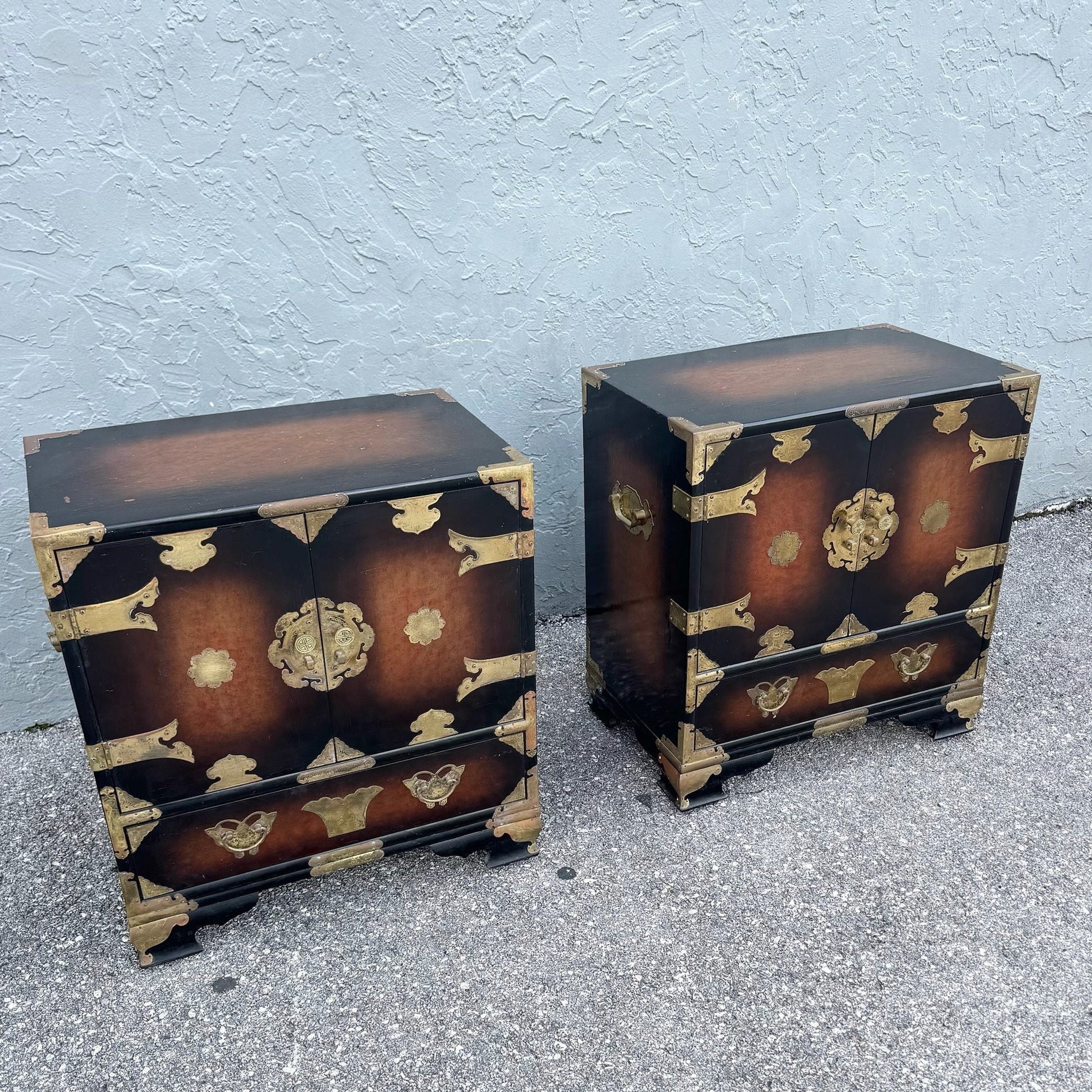 Vintage Chinese Burlwood and Brass Nightstands - A Pair Dolphin & Flamingo