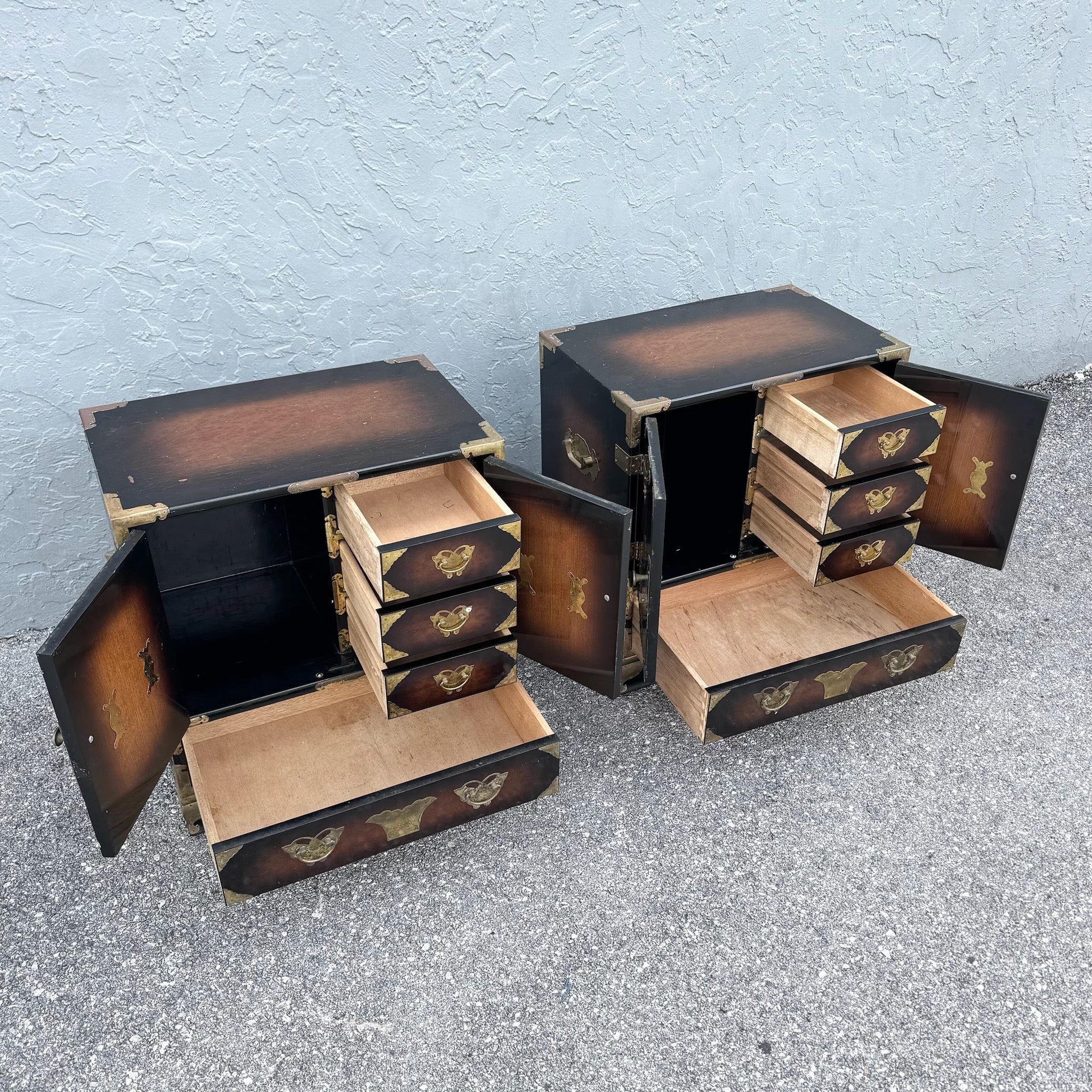 Vintage Chinese Burlwood and Brass Nightstands - A Pair Dolphin & Flamingo