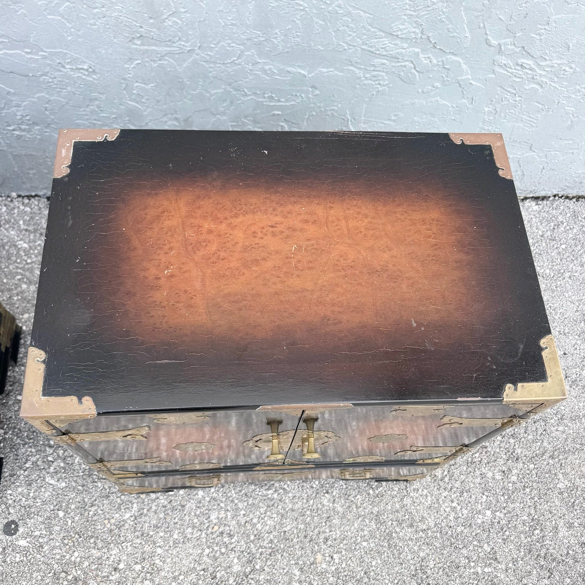 Vintage Chinese Burlwood and Brass Nightstands - A Pair Dolphin & Flamingo