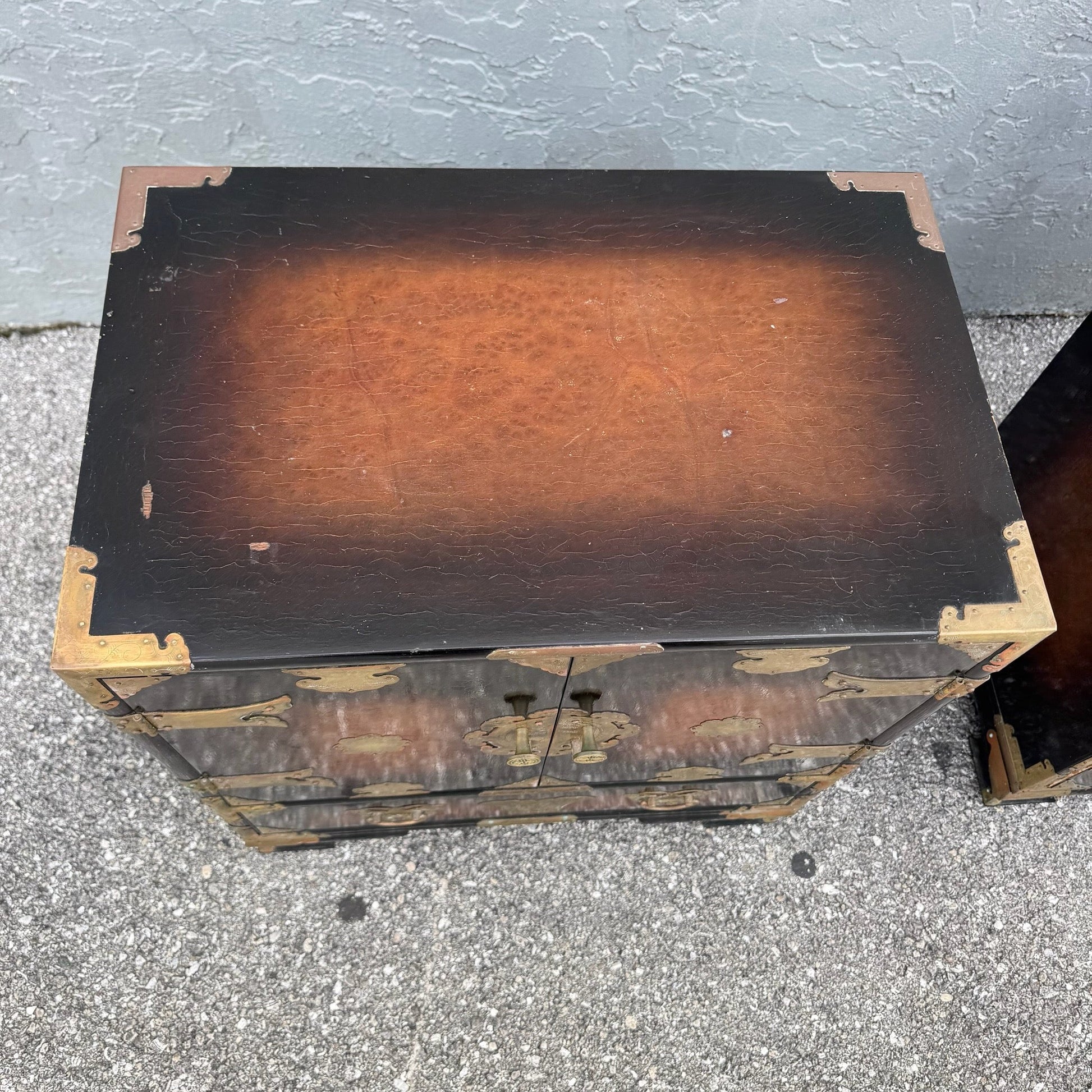 Vintage Chinese Burlwood and Brass Nightstands - A Pair Dolphin & Flamingo