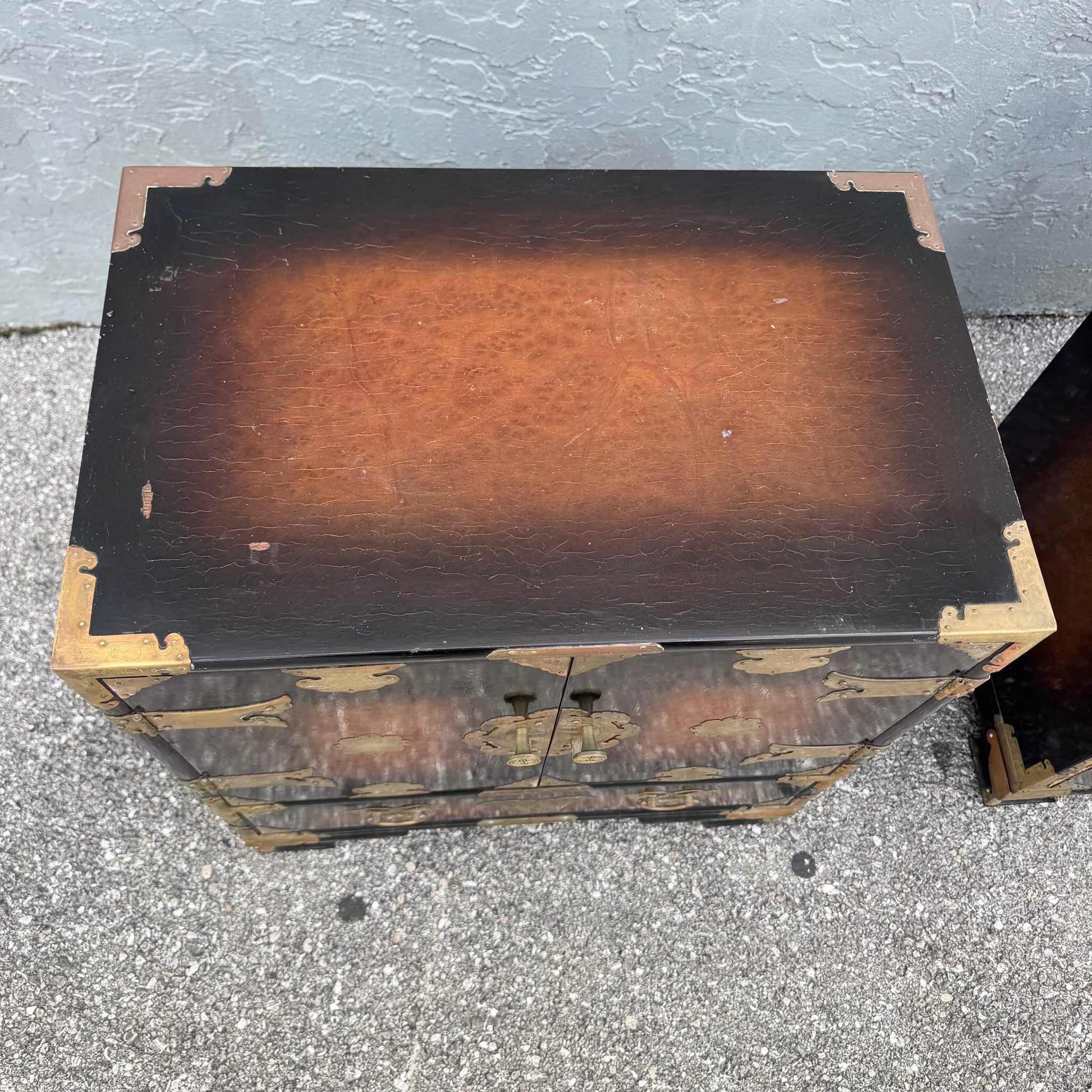 Vintage Chinese Burlwood and Brass Nightstands - A Pair Dolphin & Flamingo