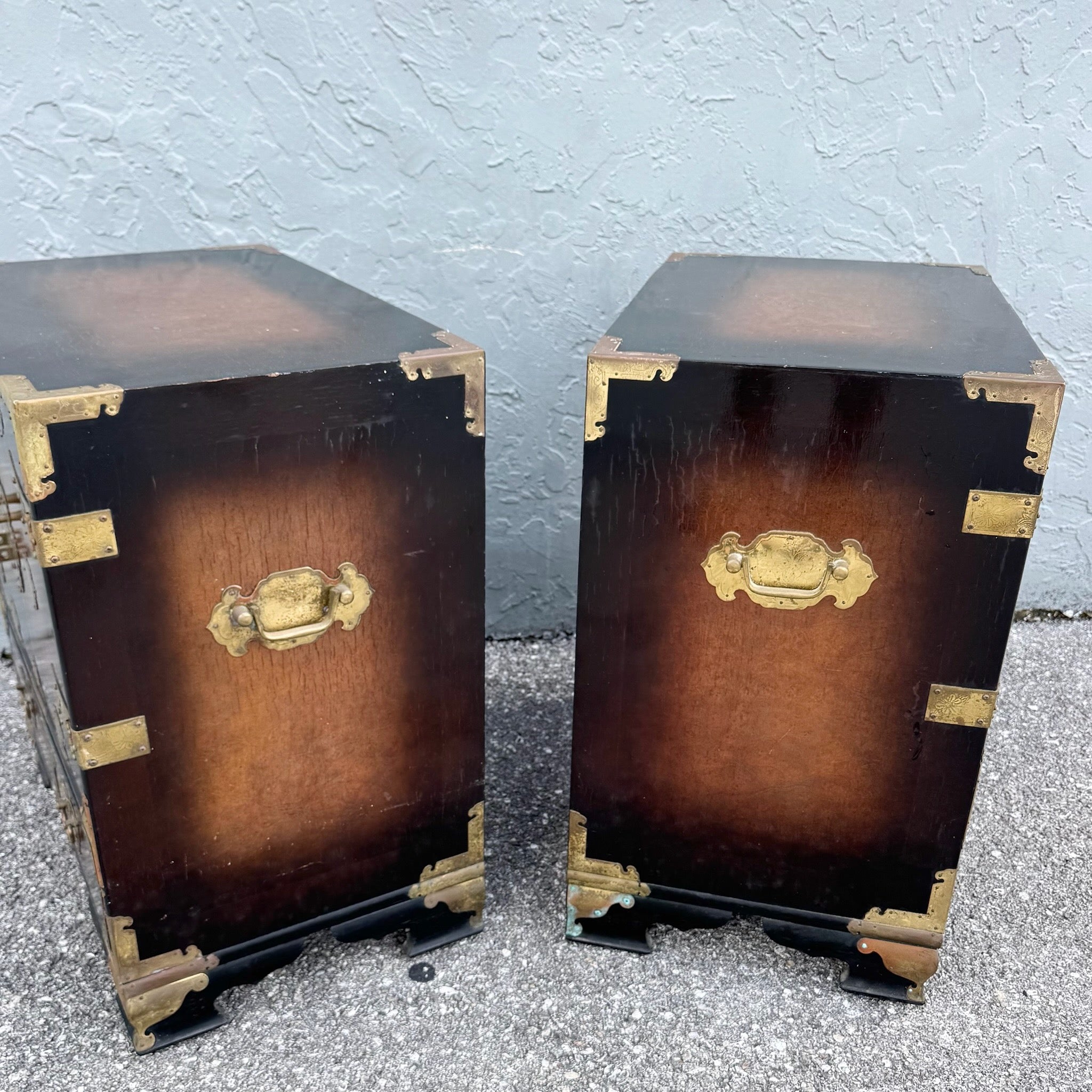 Vintage Chinese Burlwood and Brass Nightstands - A Pair Dolphin & Flamingo