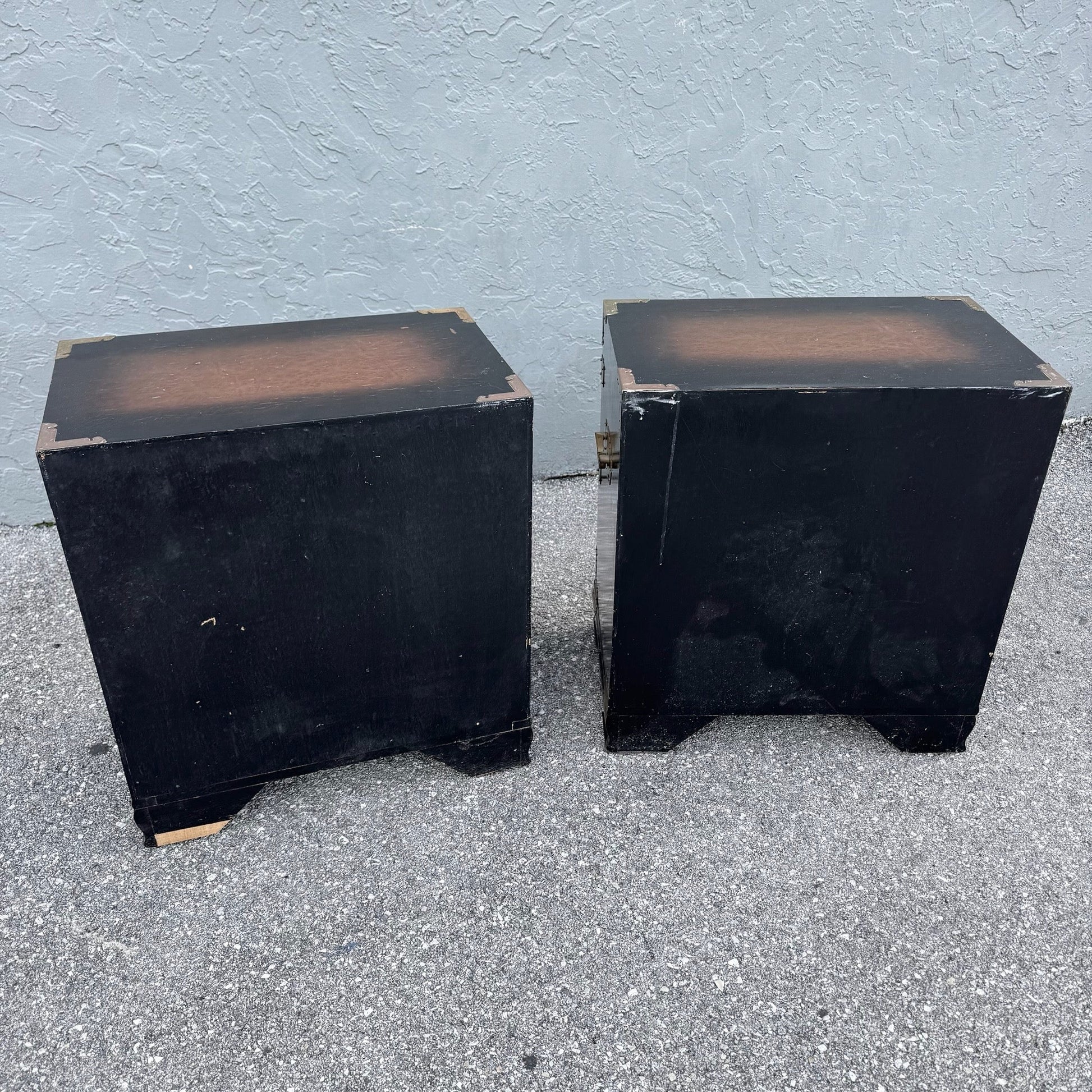 Vintage Chinese Burlwood and Brass Nightstands - A Pair Dolphin & Flamingo
