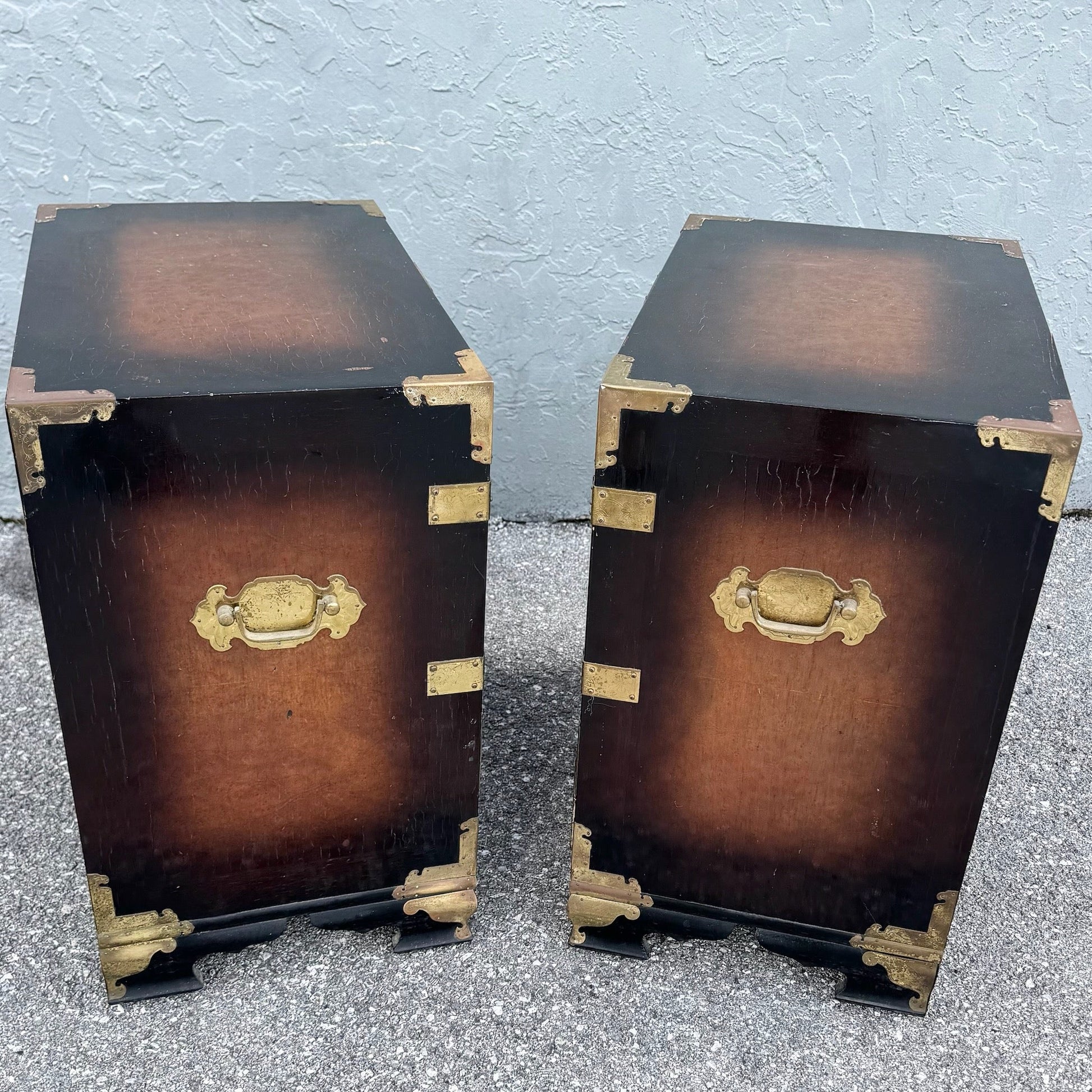 Vintage Chinese Burlwood and Brass Nightstands - A Pair Dolphin & Flamingo