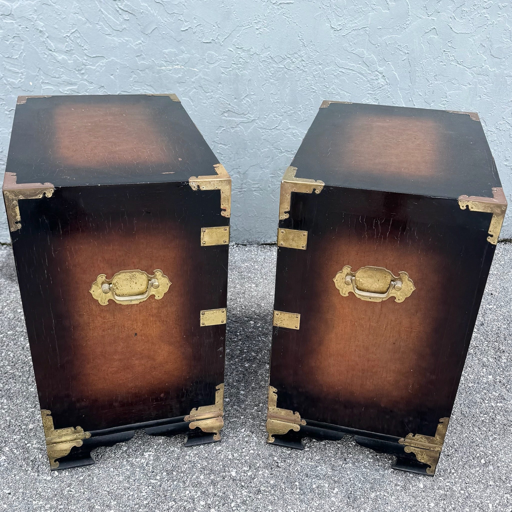 Vintage Chinese Burlwood and Brass Nightstands - A Pair Dolphin & Flamingo
