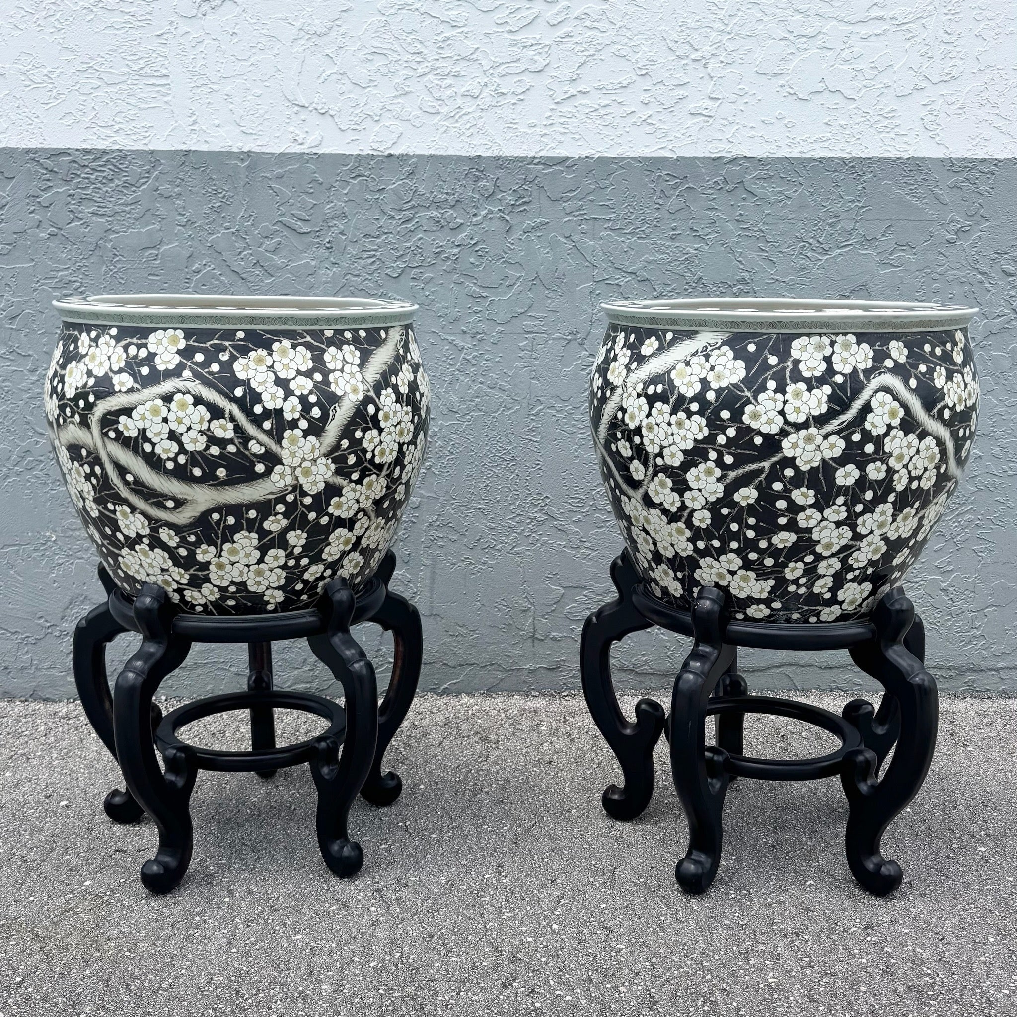 Vintage Chinese Hand Painted Floor Vases/Fish Bowls on Wooden Stands - A Pair Dolphin & Flamingo