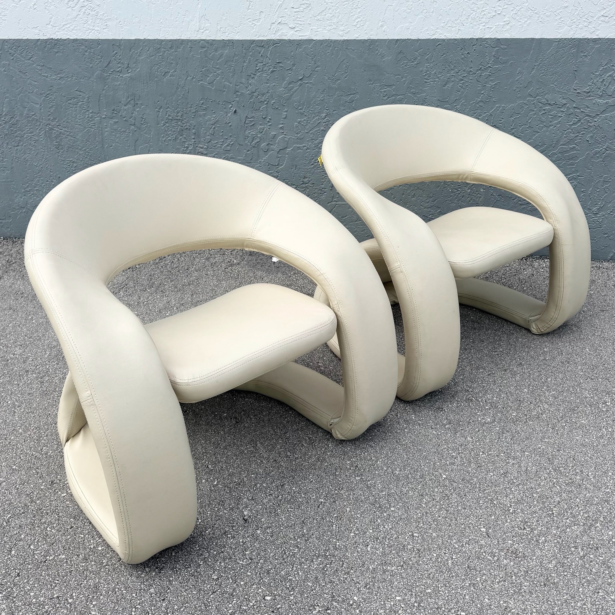Postmodern Beige Faux Leather Tongue Chairs by Cheers - A Pair Dolphin & Flamingo