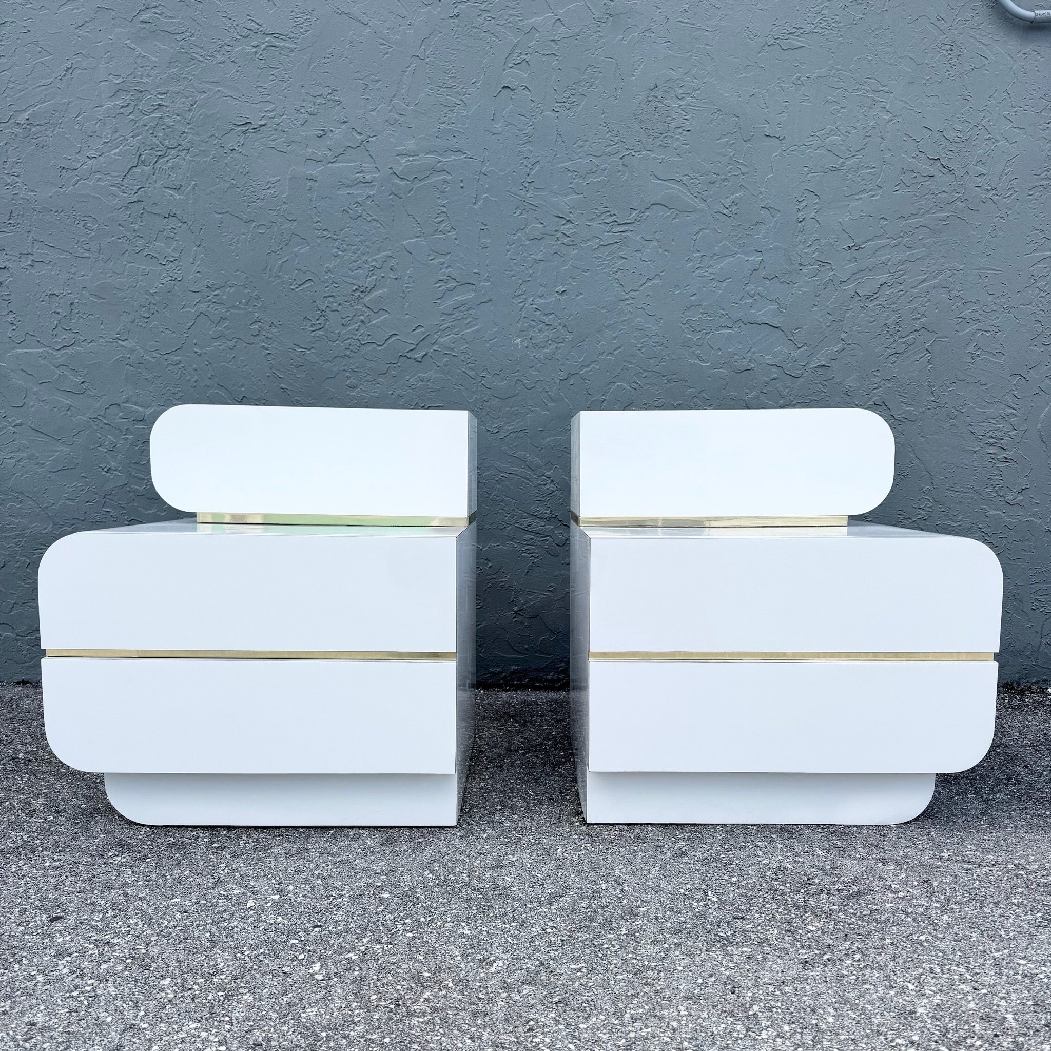 Postmodern Galactic White Gloss Laminate Waterfall Nightstands - A Pair Dolphin & Flamingo
