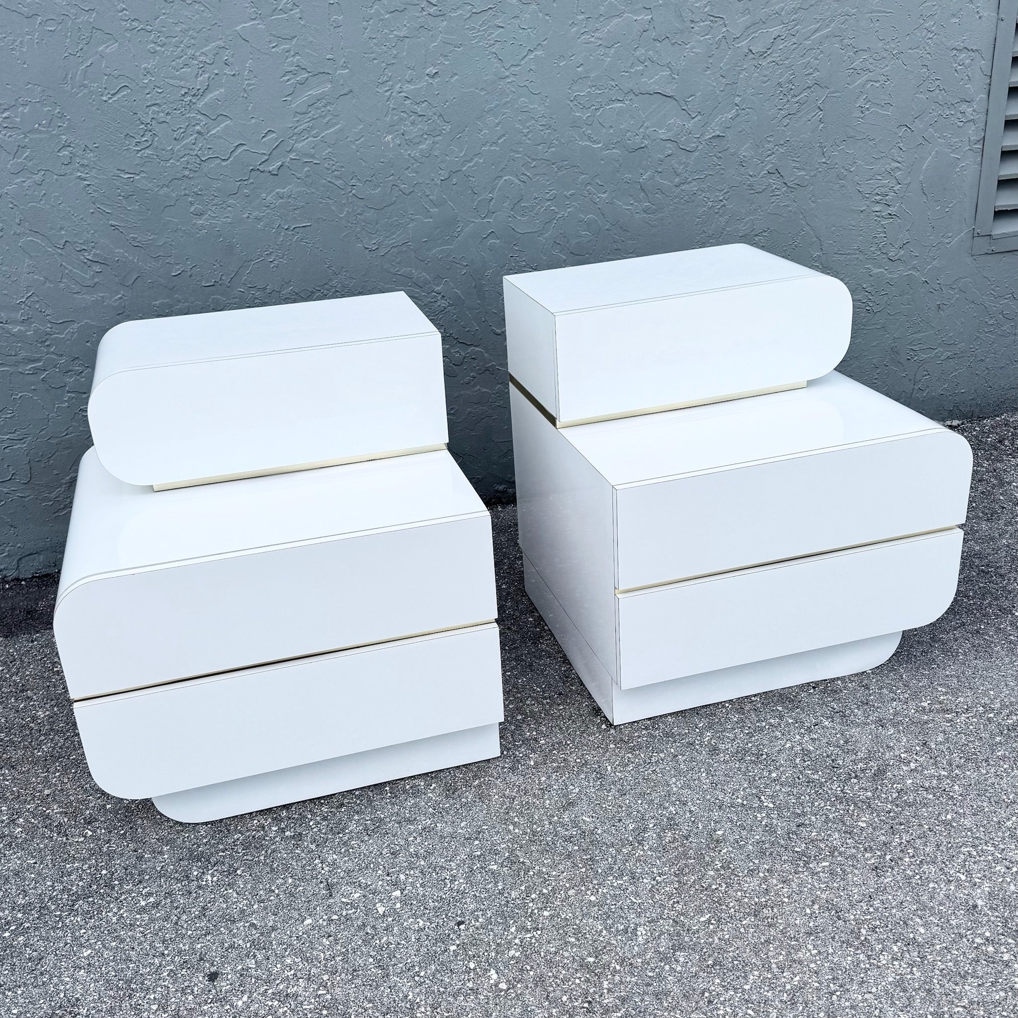 Postmodern Galactic White Gloss Laminate Waterfall Nightstands - A Pair Dolphin & Flamingo