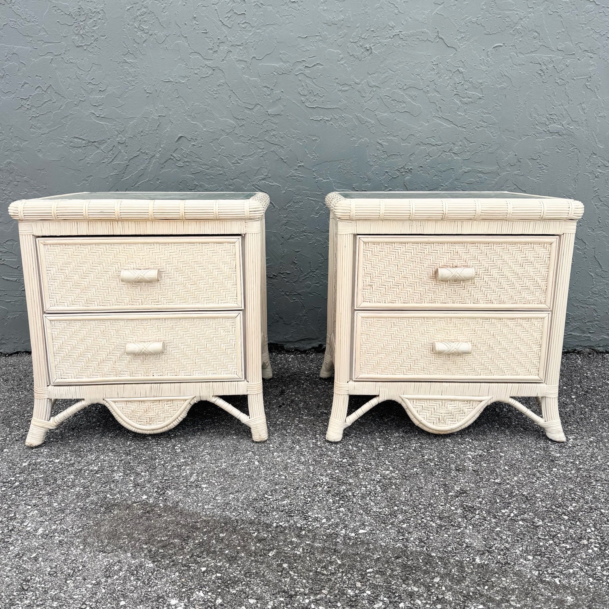 Boho Chic Wicker Glass Top Nightstands - A Pair Dolphin & Flamingo