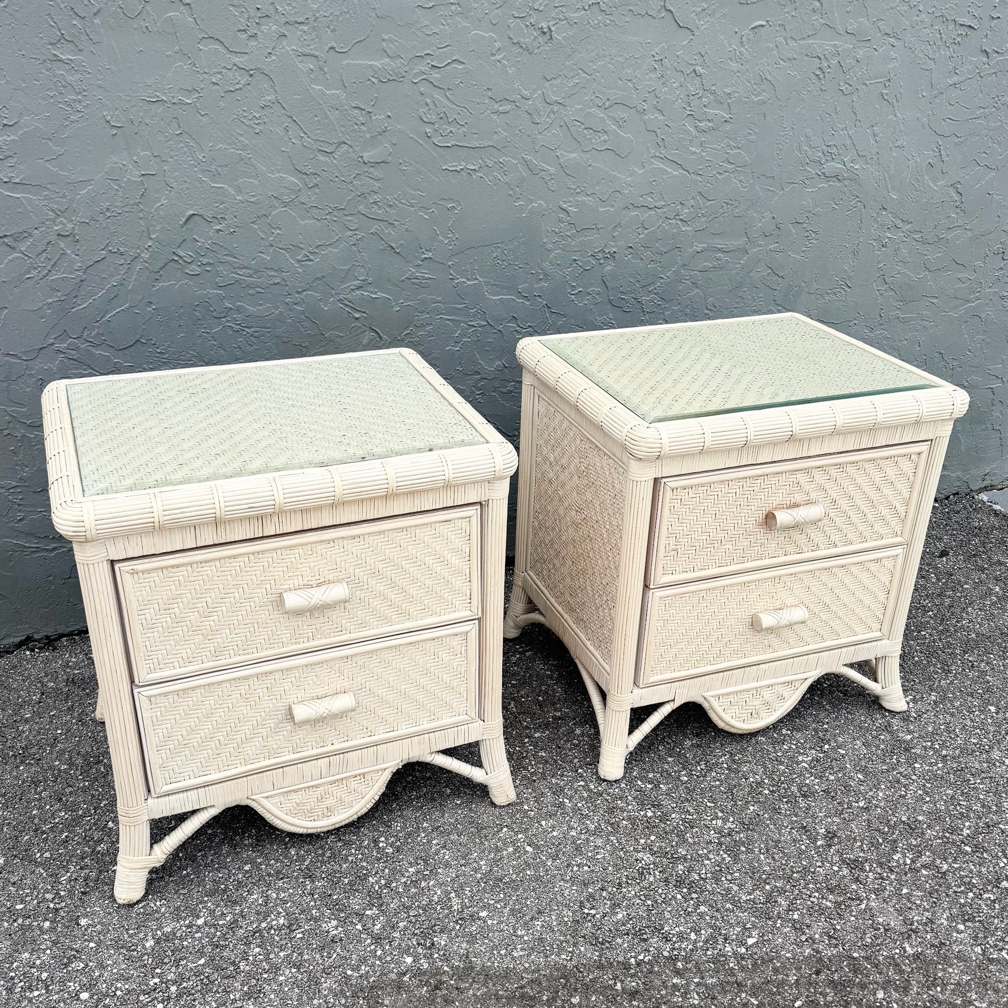 Boho Chic Wicker Glass Top Nightstands - A Pair Dolphin & Flamingo