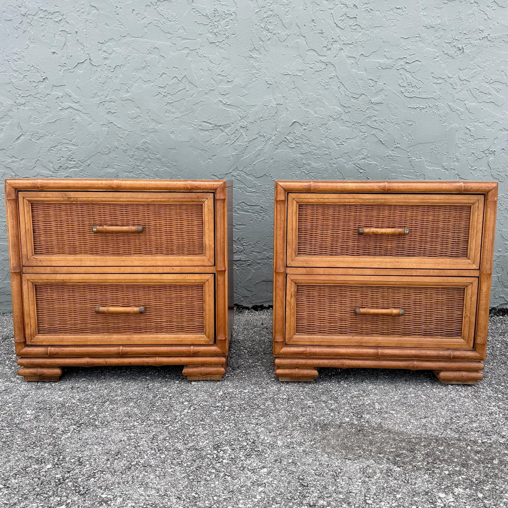 Vintage Coastal Faux Bamboo and Wicker Nightstands - A Pair Dolphin & Flamingo
