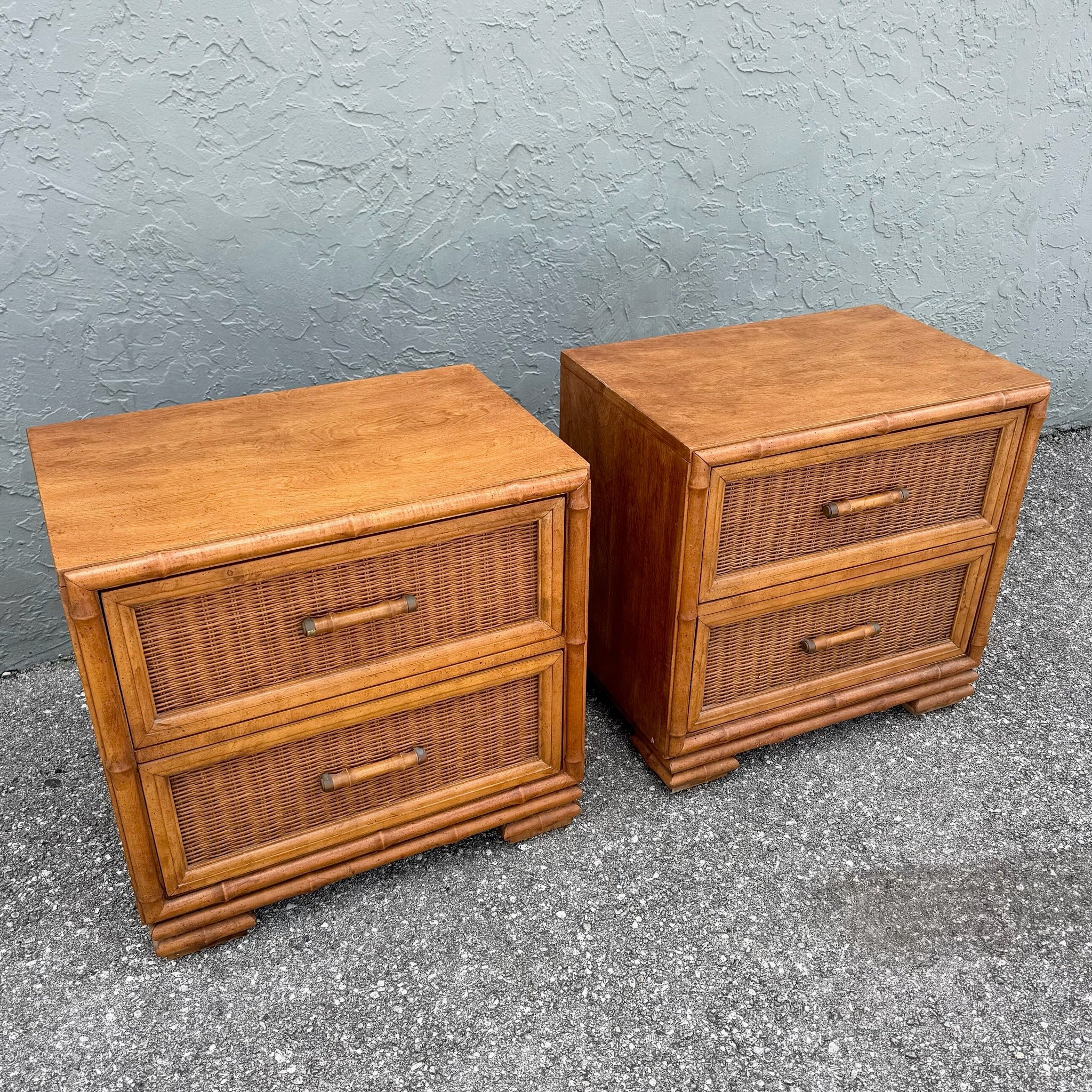 Vintage Coastal Faux Bamboo and Wicker Nightstands - A Pair Dolphin & Flamingo