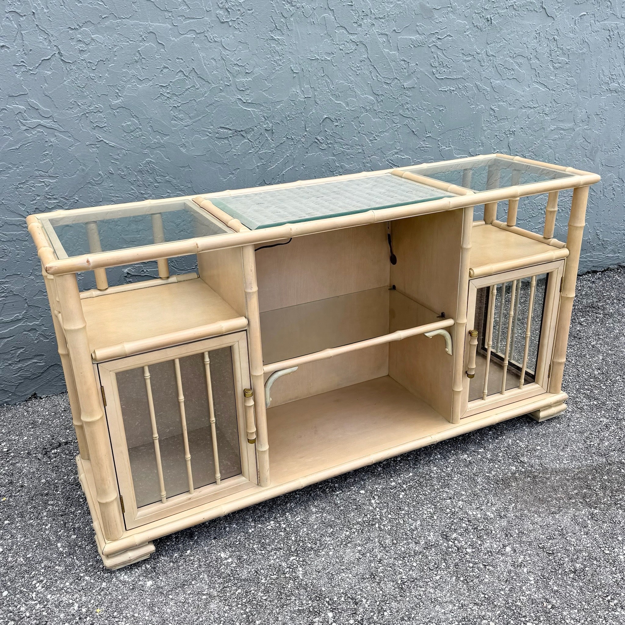 Vintage Coastal Faux Bamboo and Glass Credenza/Etagere Dolphin & Flamingo