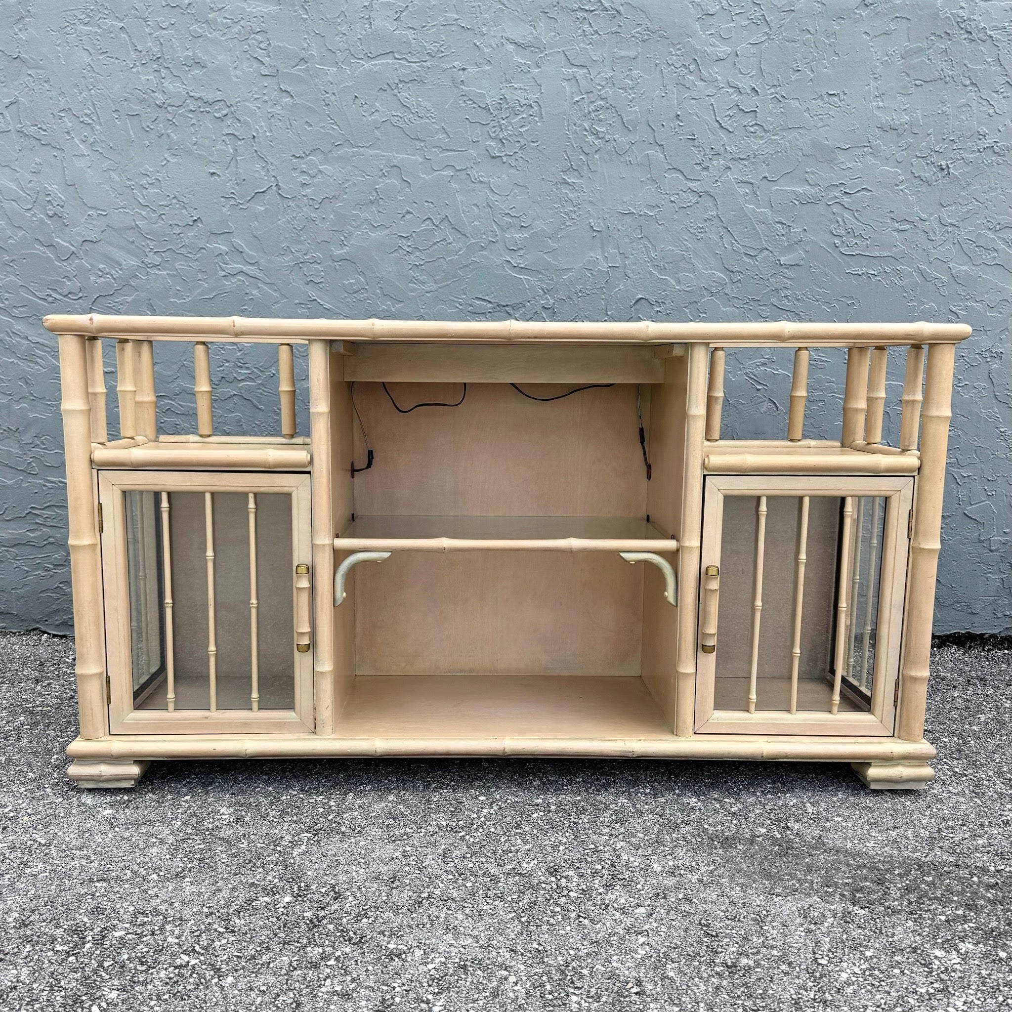 Vintage Coastal Faux Bamboo and Glass Credenza/Etagere Dolphin & Flamingo