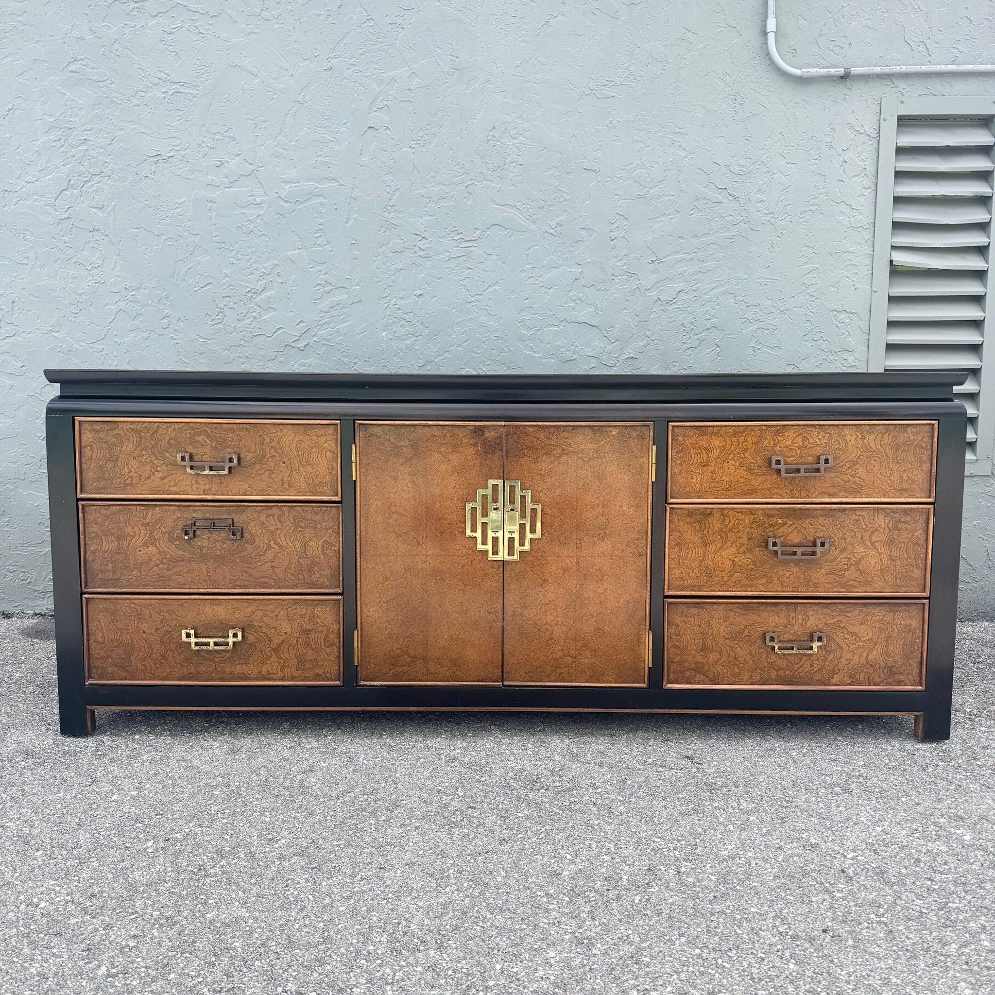 Mid Century Chinoiserie Burlwood Dresser by Century Furniture Dolphin & Flamingo