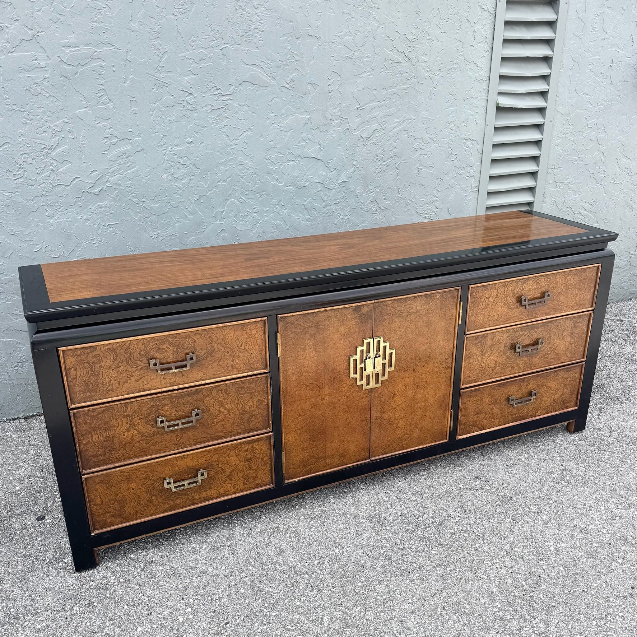 Mid Century Chinoiserie Burlwood Dresser by Century Furniture Dolphin & Flamingo
