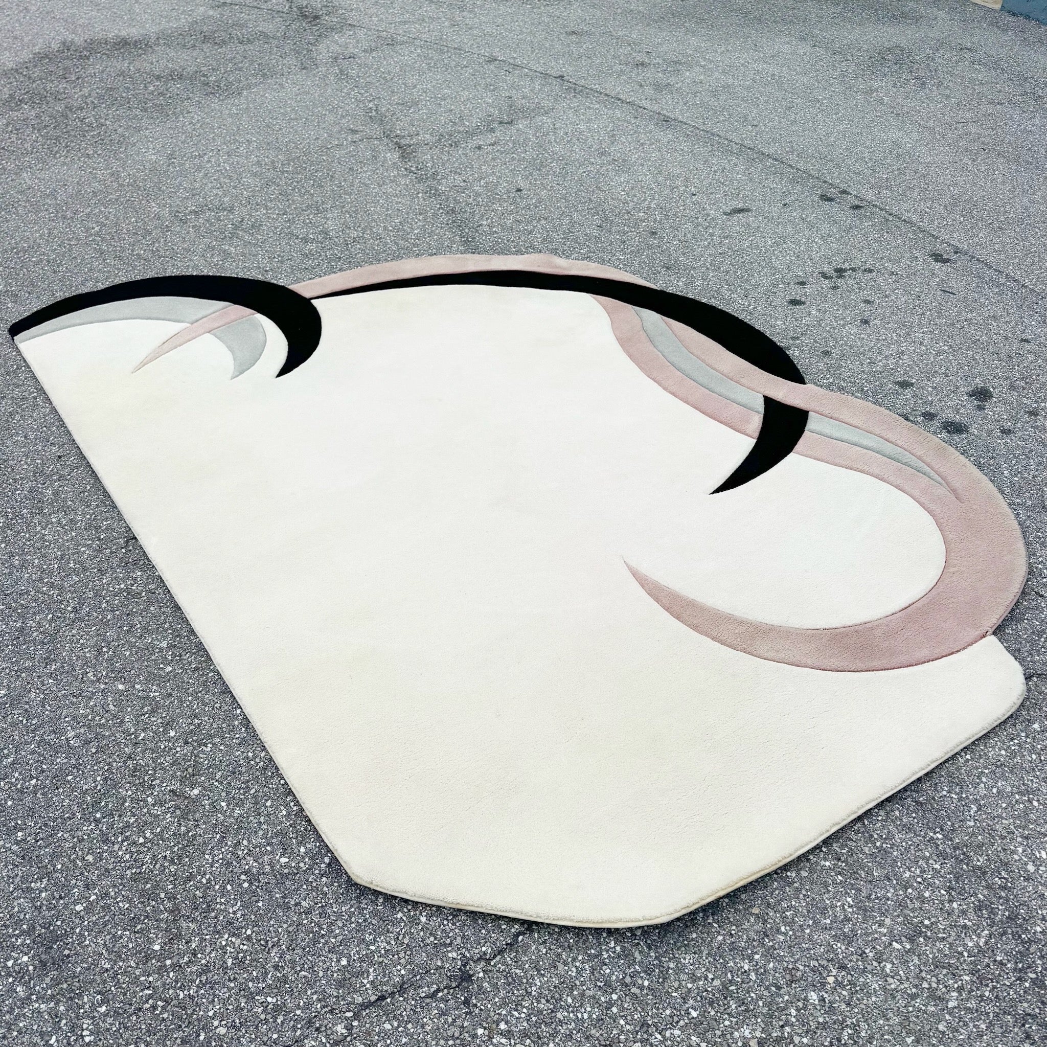 1980s Postmodern Pink Ball White and Gray Sculpted Rug Dolphin & Flamingo