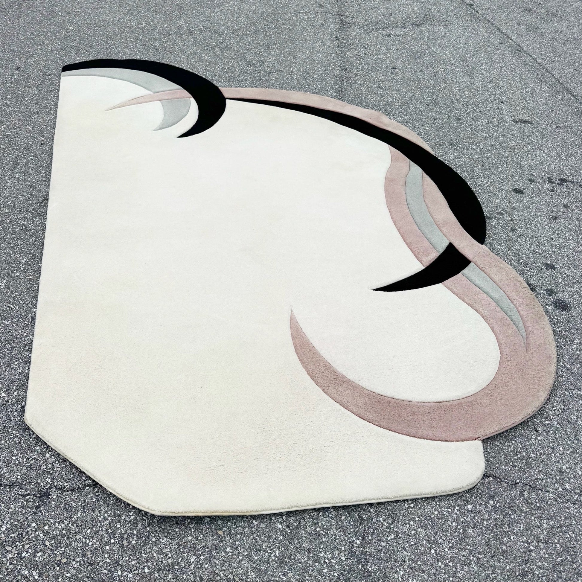 1980s Postmodern Pink Ball White and Gray Sculpted Rug Dolphin & Flamingo