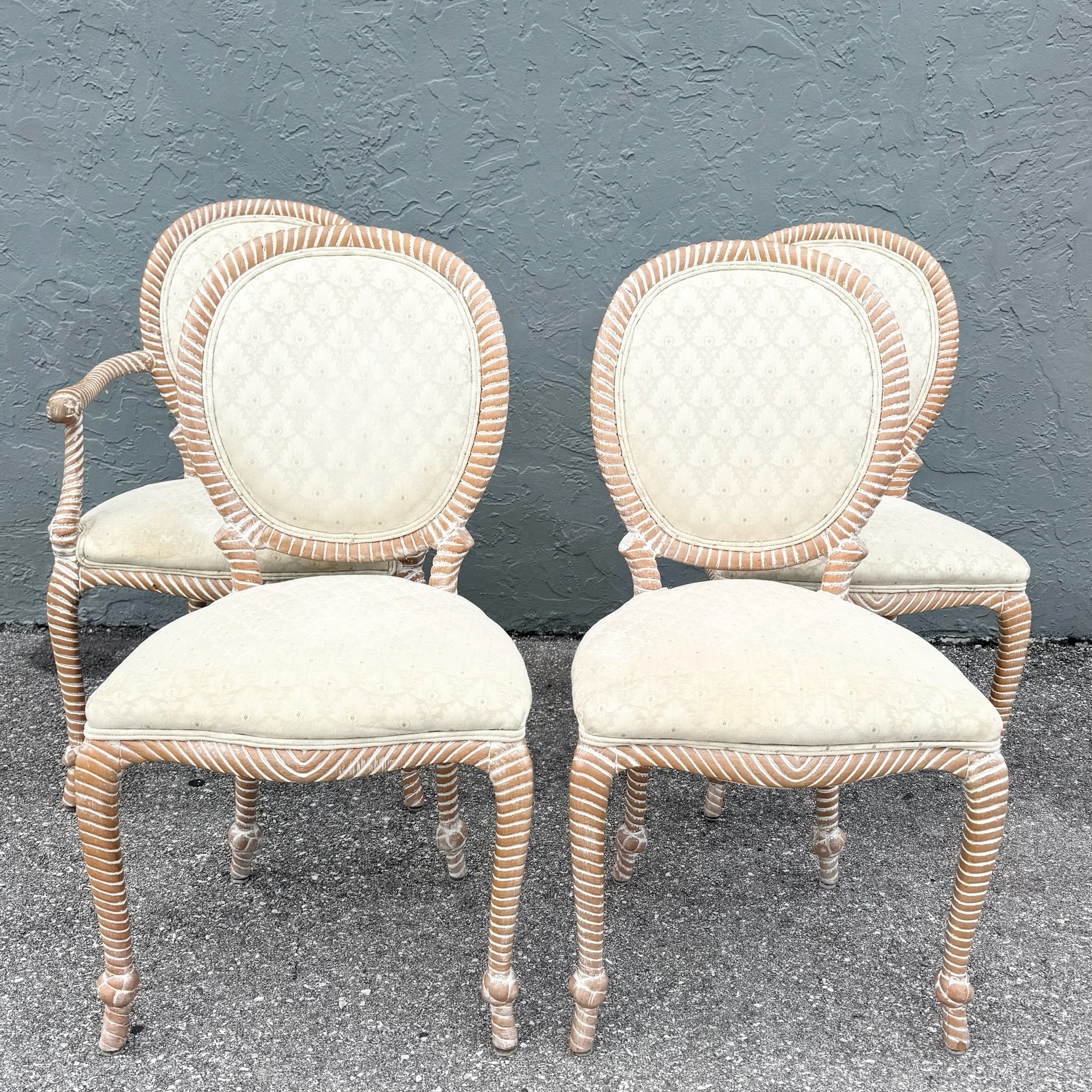Vintage French Provincial Carved Rope Dining Chairs - Set of 4 Dolphin & Flamingo