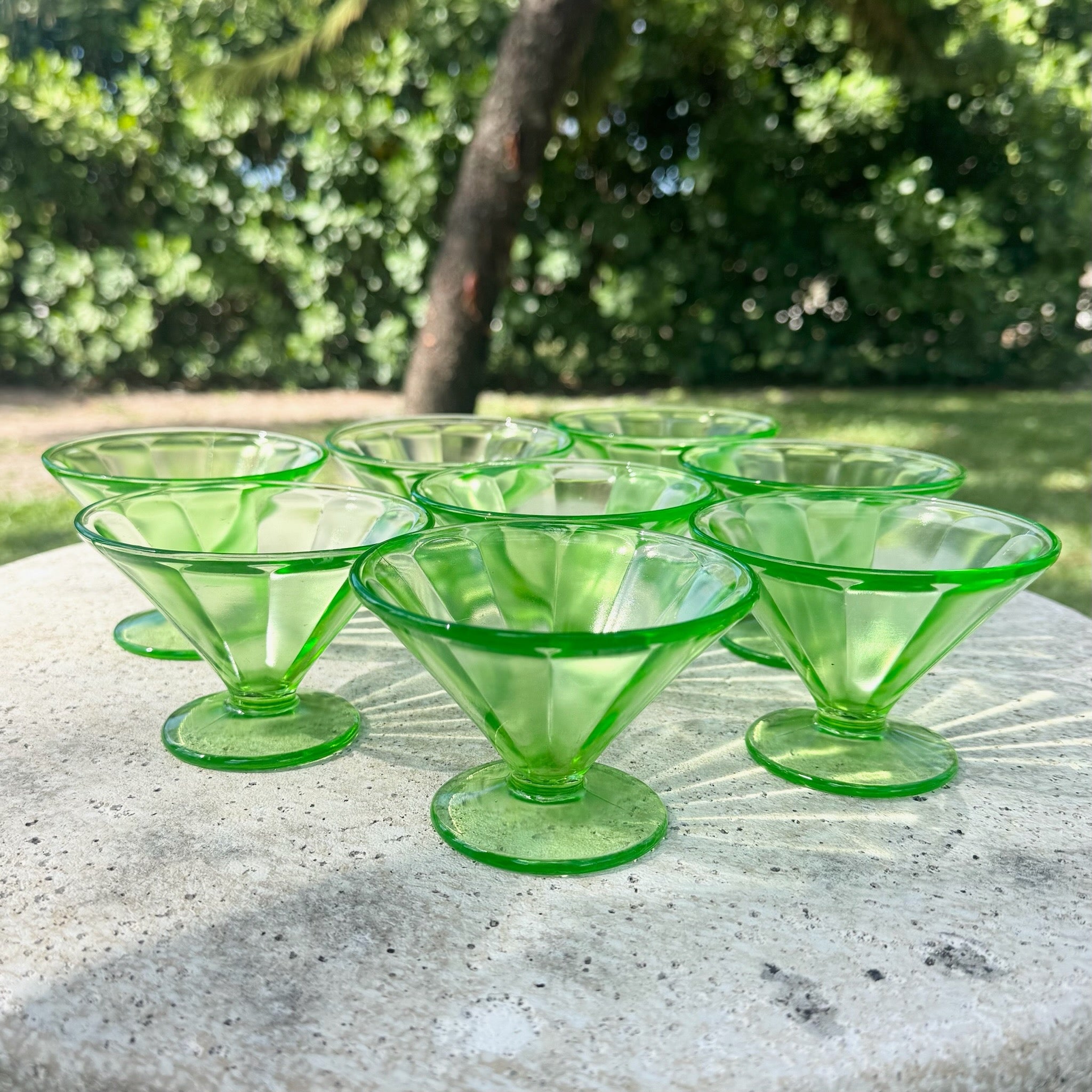 Vintage Green Federal Glass Sherbet Dishes - Set of 8 Dolphin & Flamingo