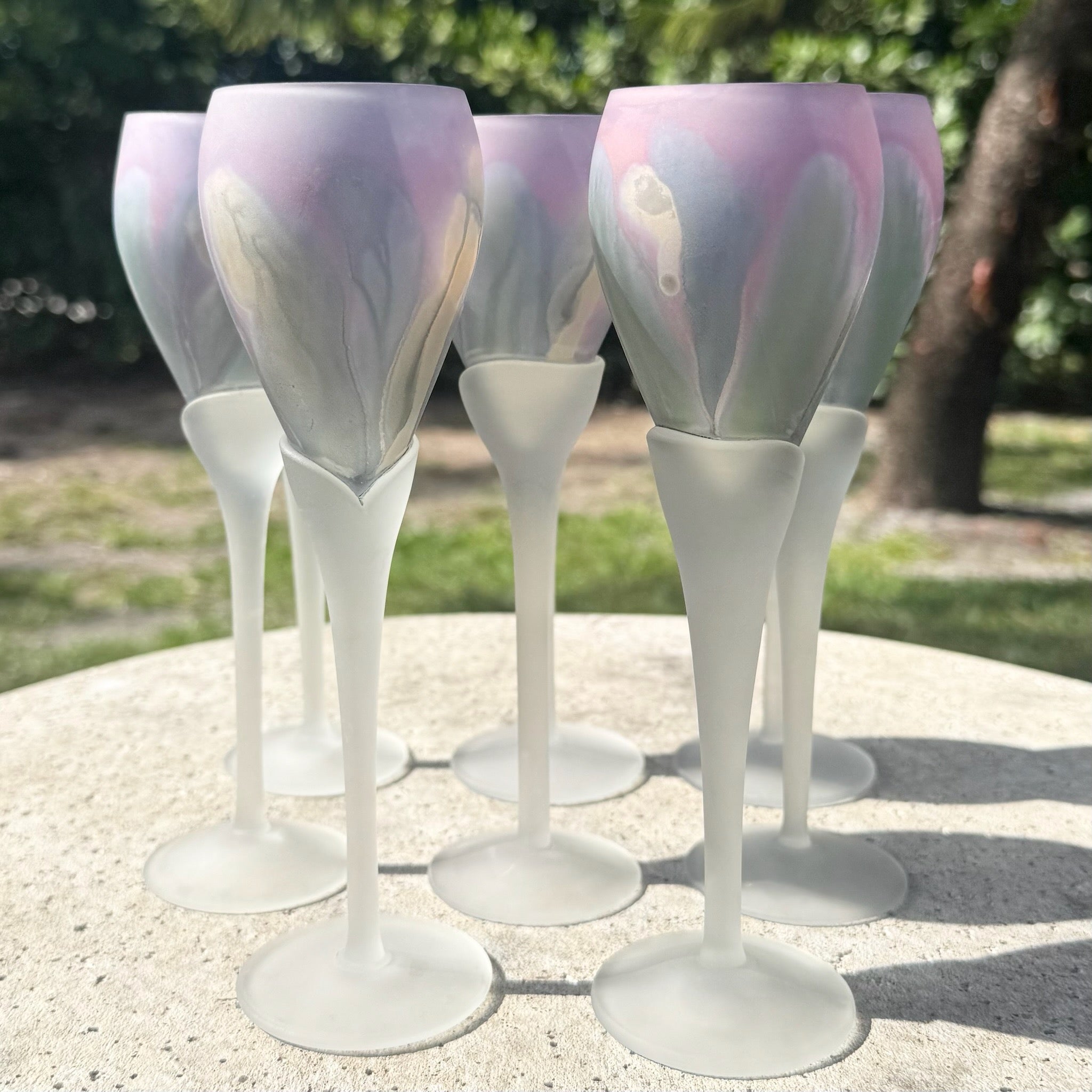 Late 20th Century Art Nouveau Hand Painted Watercolor Frosted Wine Glasses by Reuven - Set of 8 Dolphin & Flamingo
