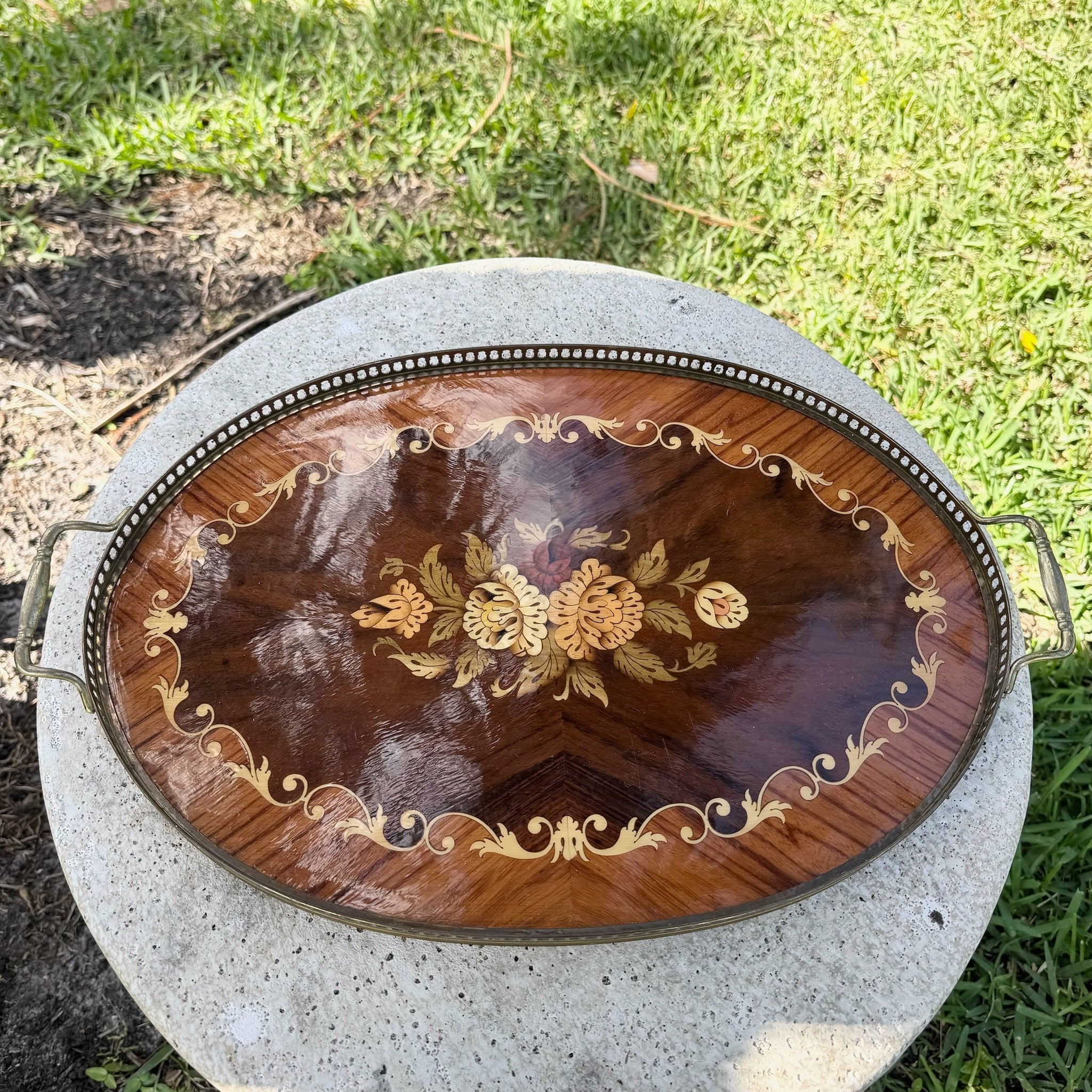 Vintage Italian Marquetry Wood Inlay and Brass Tray Dolphin & Flamingo
