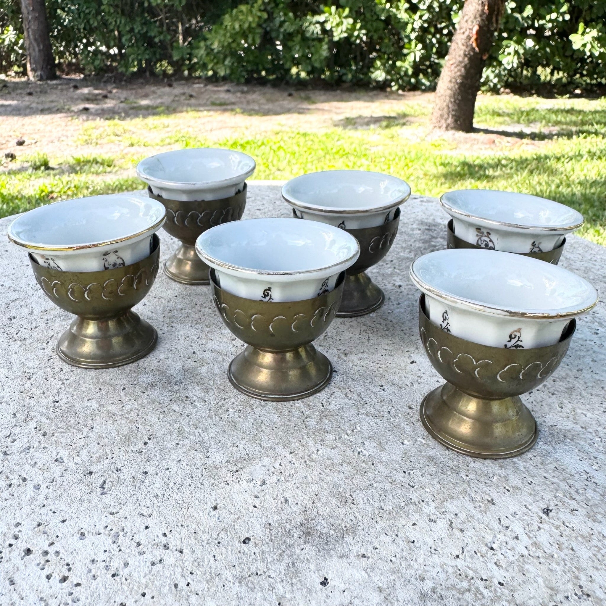 Vintage Israeli Porcelain Tea Cups in Brass Holders - Set of 6 Dolphin & Flamingo