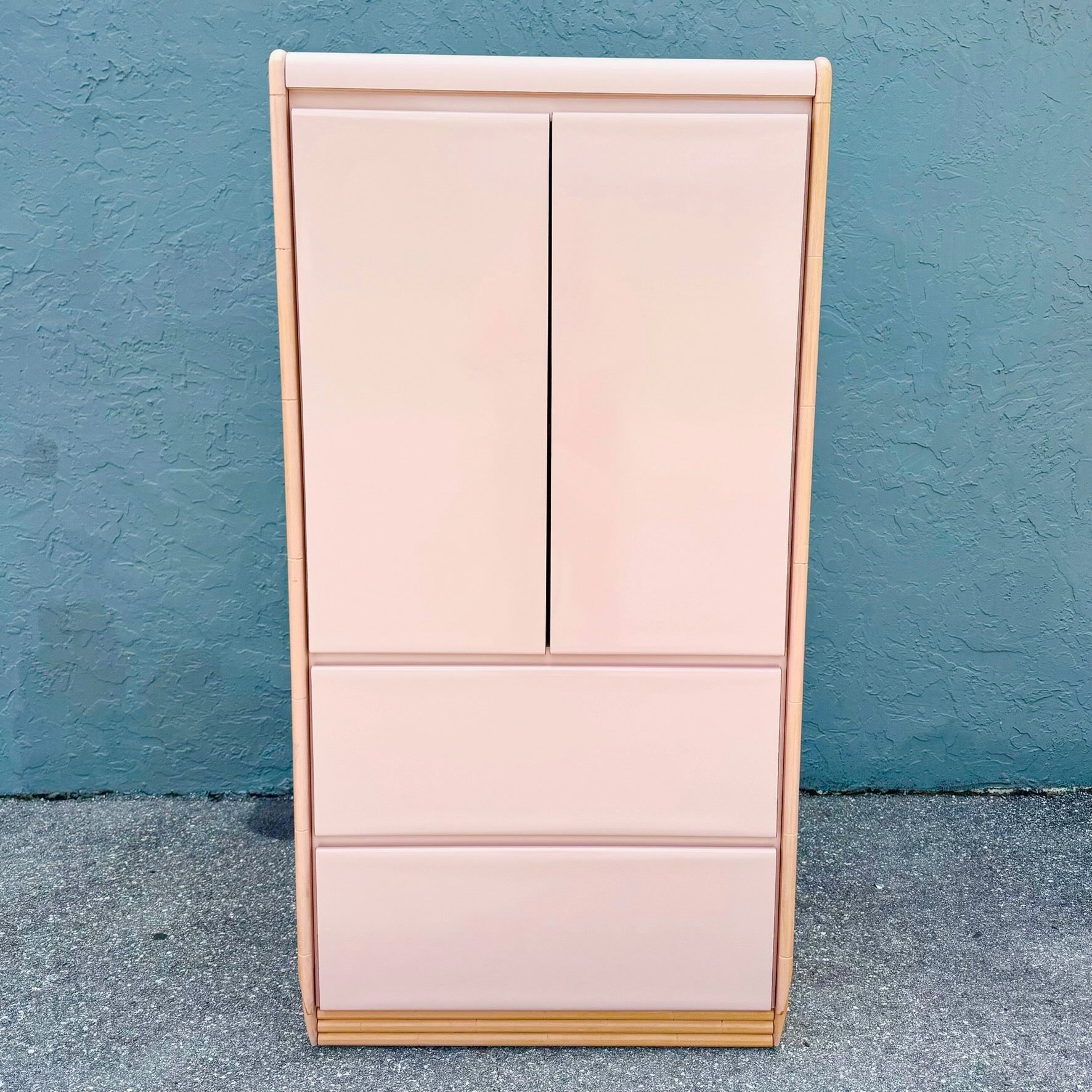 Postmodern Pink Gloss Laminate and Faux Bamboo Armoire Dolphin & Flamingo