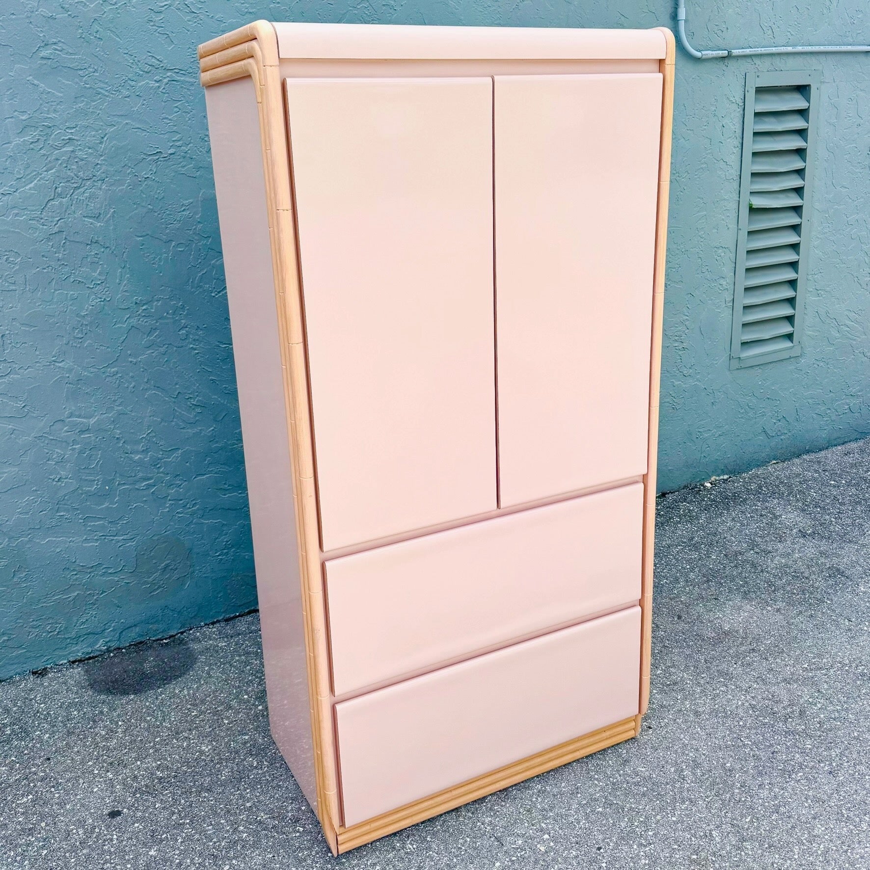 Postmodern Pink Gloss Laminate and Faux Bamboo Armoire Dolphin & Flamingo