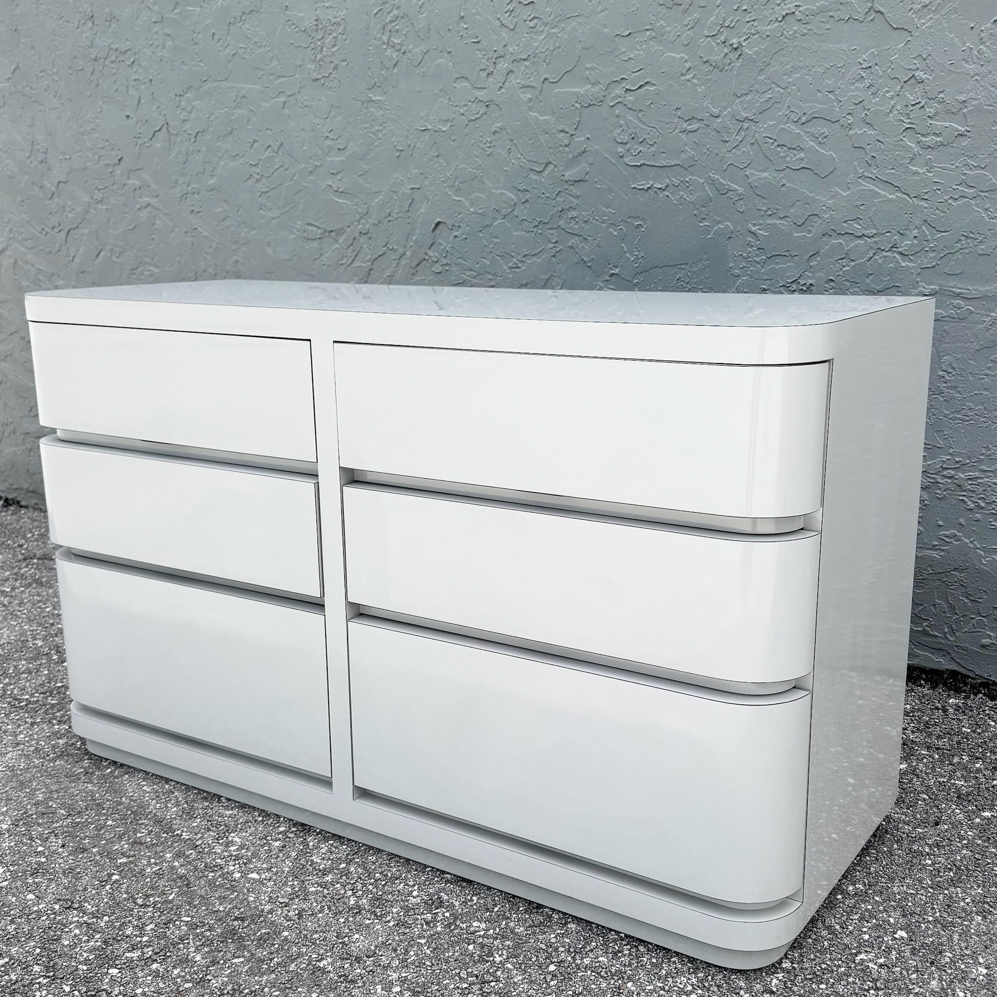 Postmodern Gray Gloss Laminate Curved Edge Dresser Dolphin & Flamingo