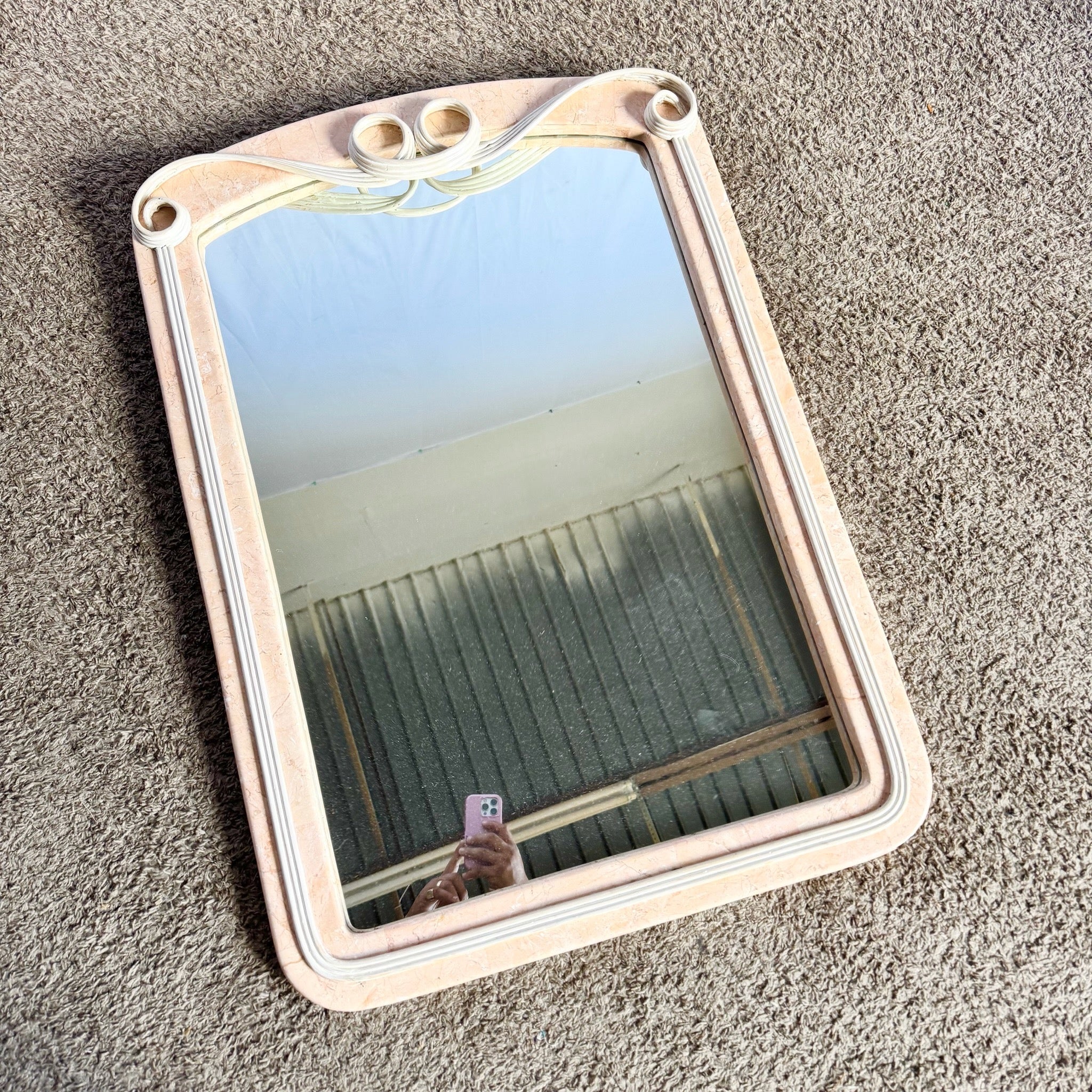 Postmodern Pink Tessellated Stone Pencil Reed Ribbon Wall Mirror
