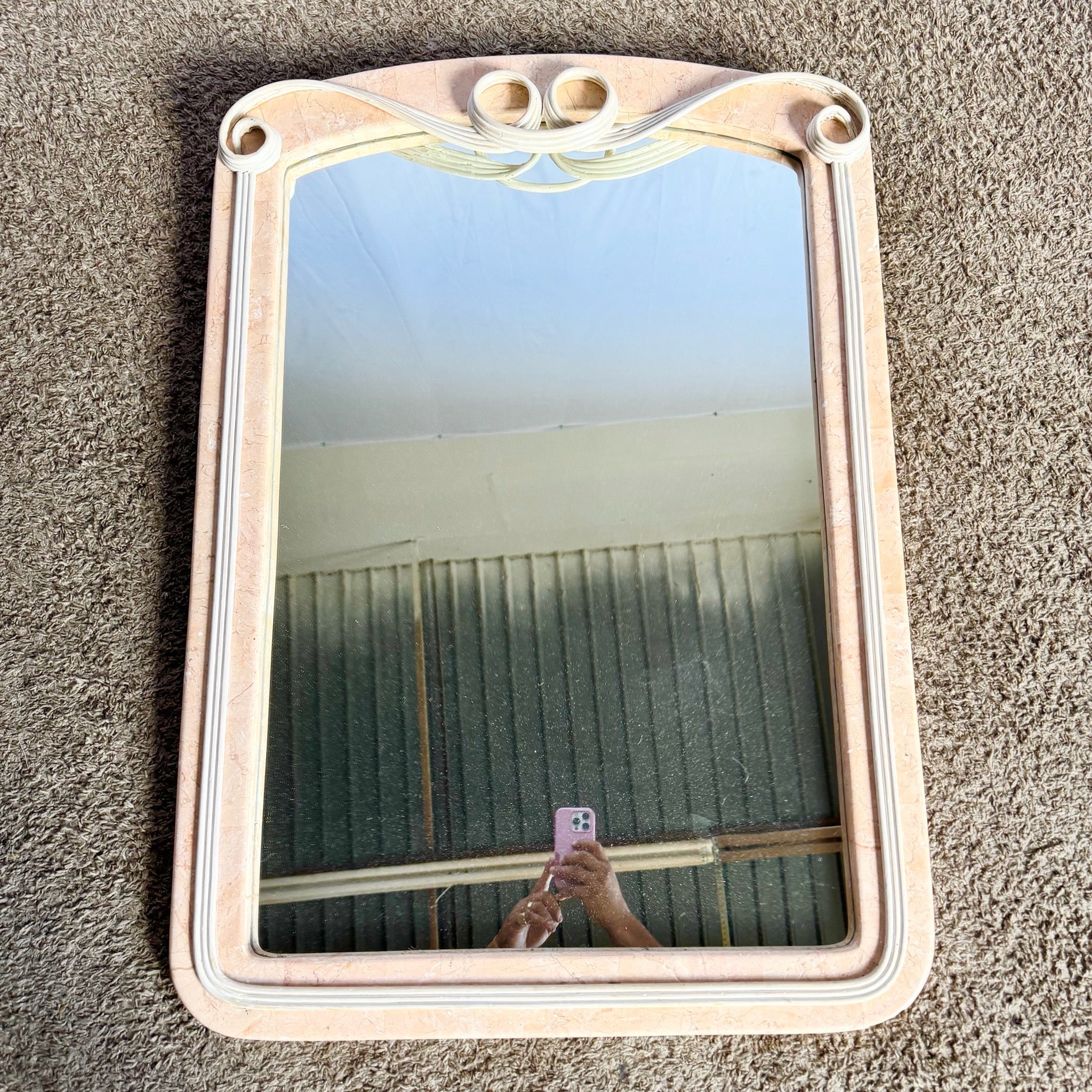 Postmodern Pink Tessellated Stone Pencil Reed Ribbon Wall Mirror