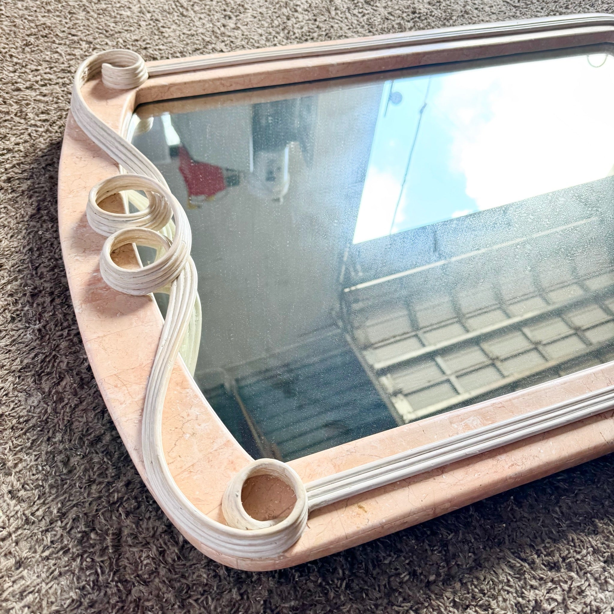 Postmodern Pink Tessellated Stone Pencil Reed Ribbon Wall Mirror