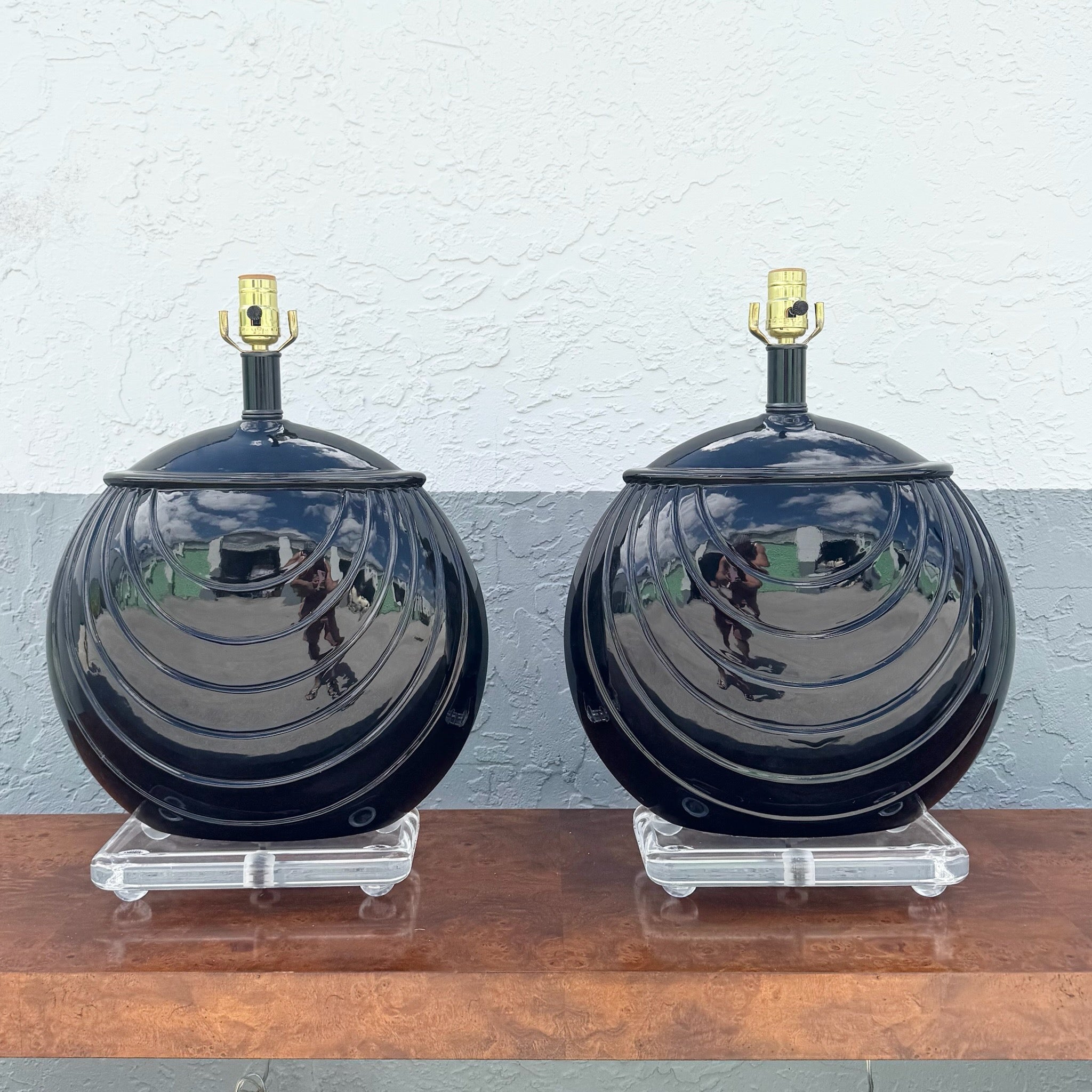 1980s Postmaster Deco Black Gloss Ceramic and Lucite Table Lamps - A Pair Dolphin & Flamingo